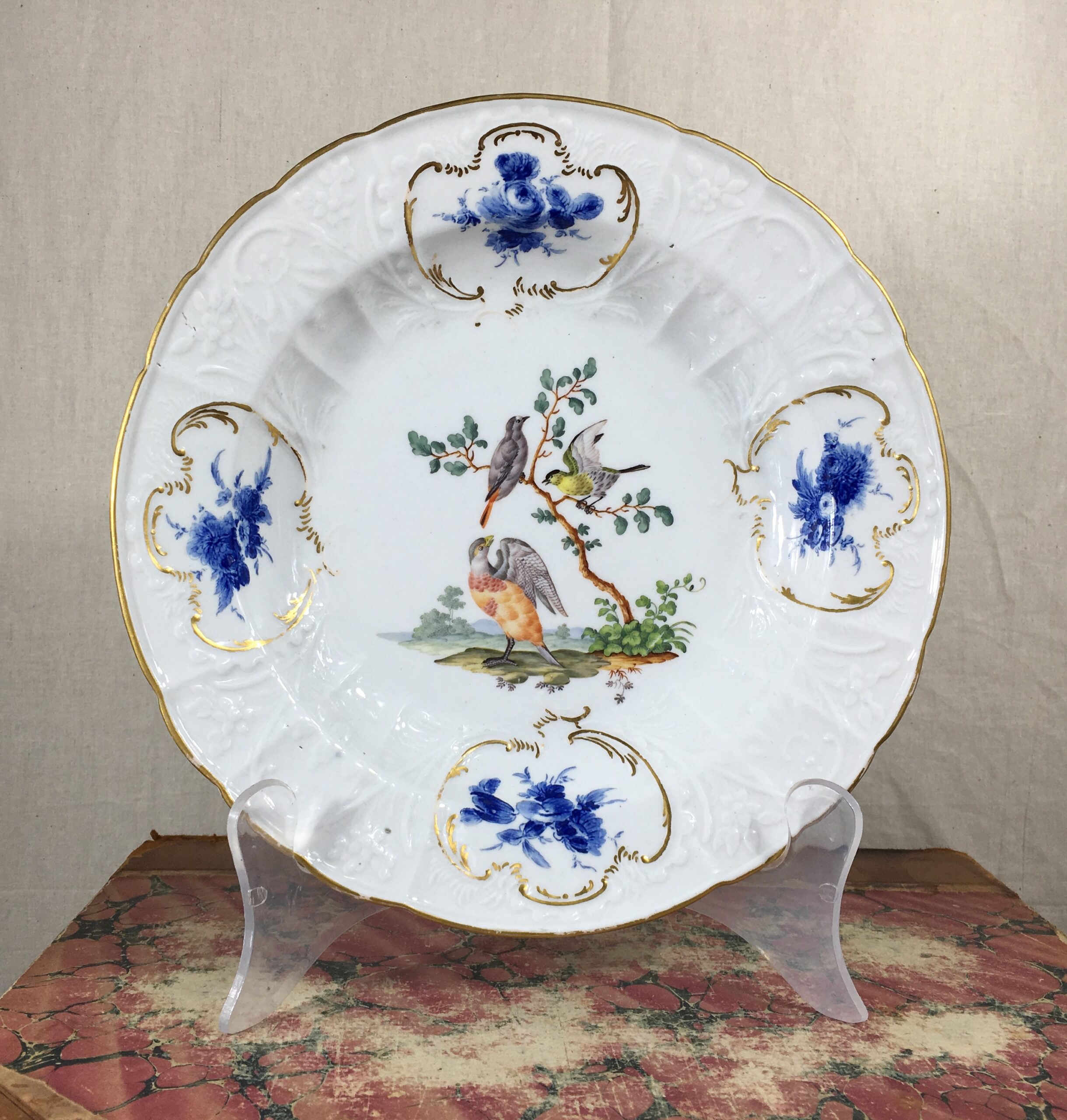 Meissen soup plate, dulong moulding with birds, c.1770 -0