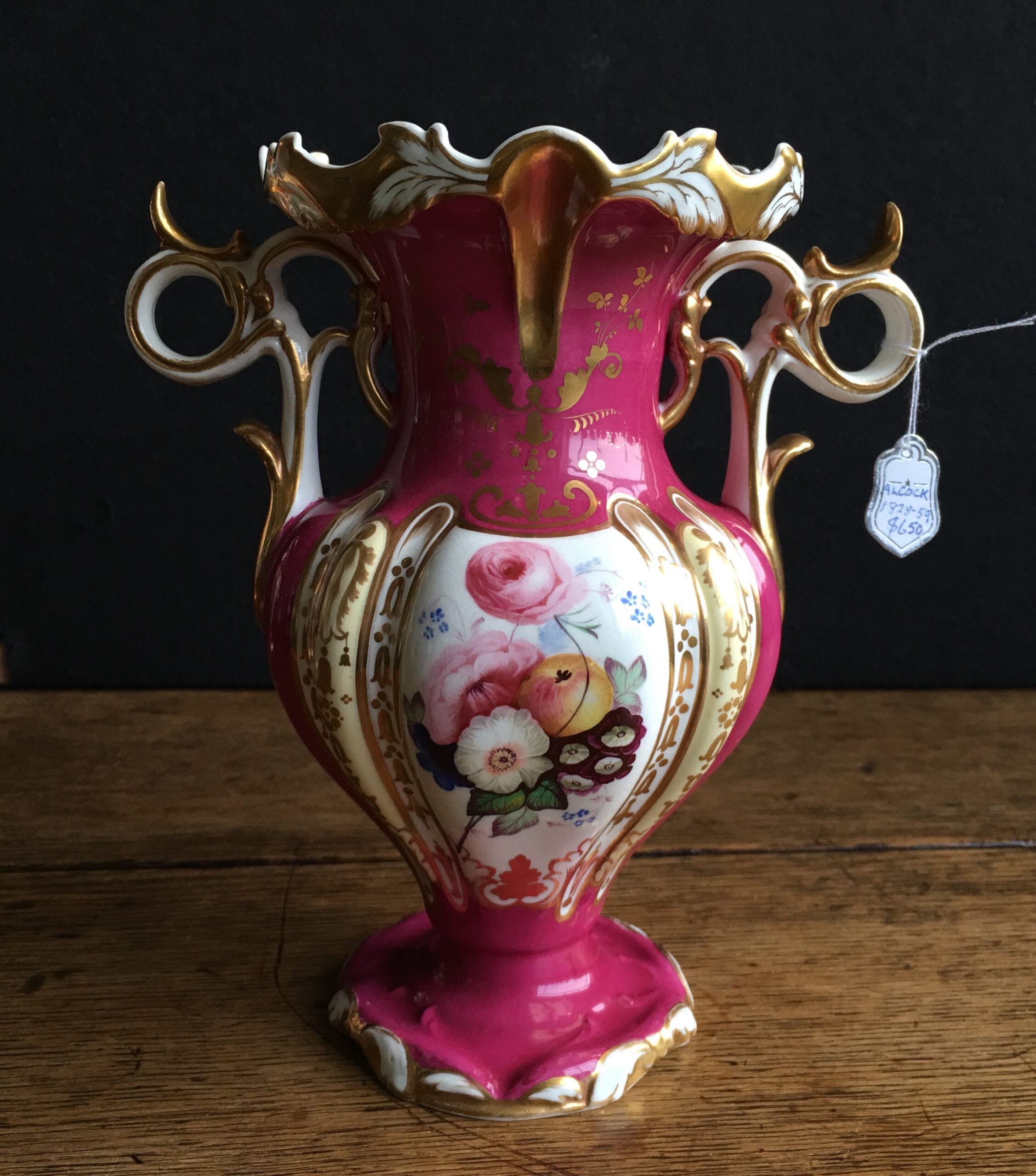 Samuel Alcock claret ground vase, flowers & scene, c.1840 -0