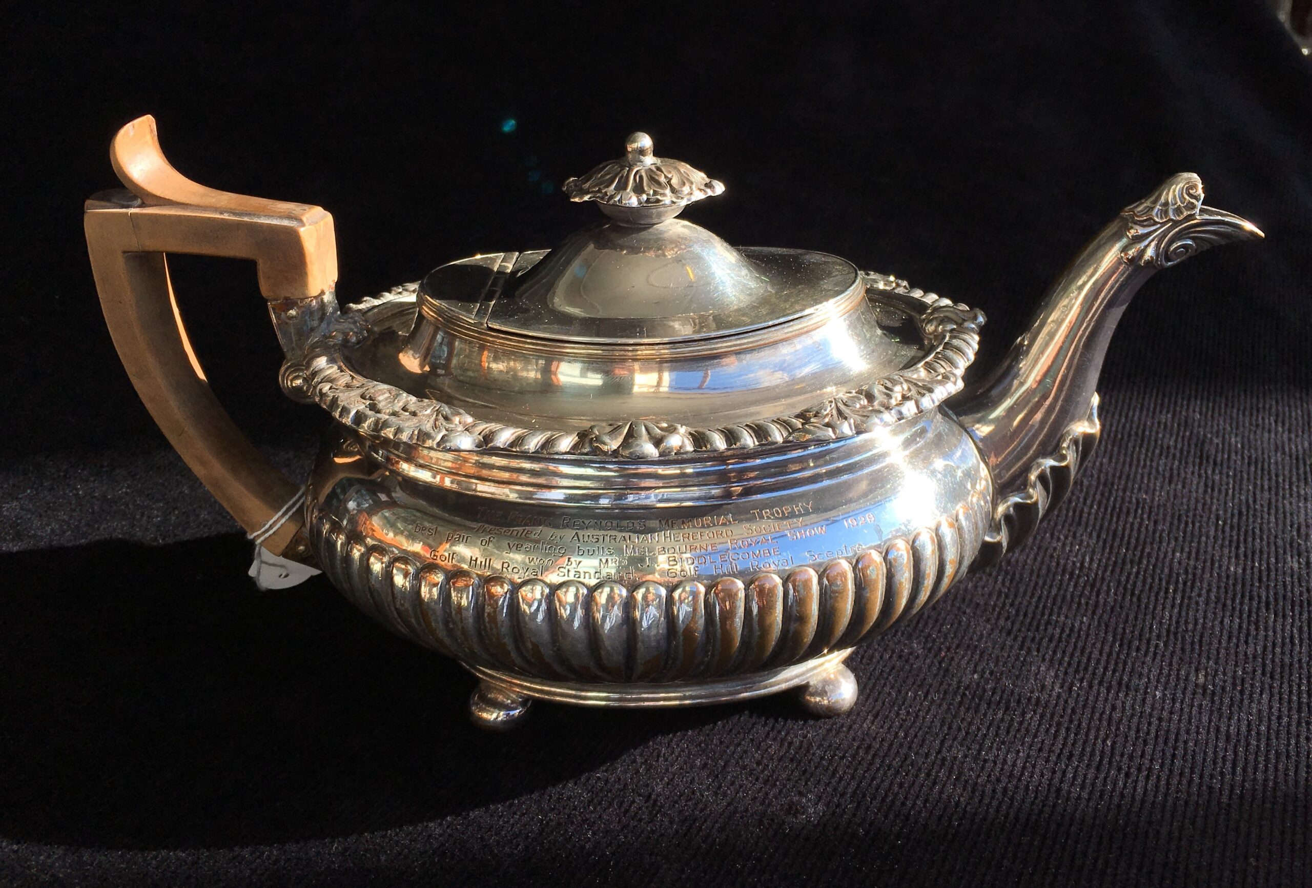 Old Sheffield Plate teapot c.1835, Local History Melbourne Show trophy 1929 for Golf Hill Hereford bulls-0