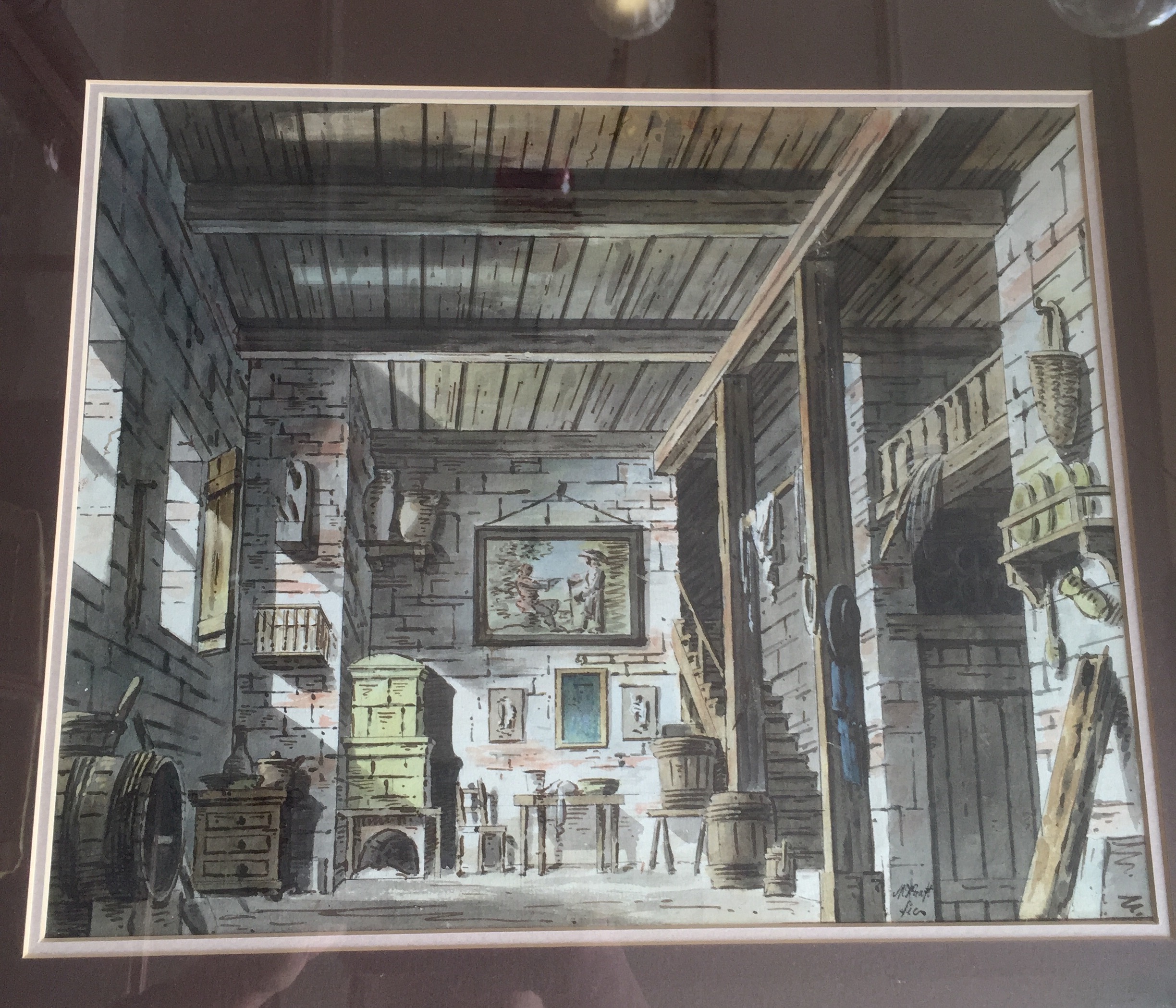 Pen & wash interior, signed 'KRAFT', possibly an Opera backdrop, 18th century-0