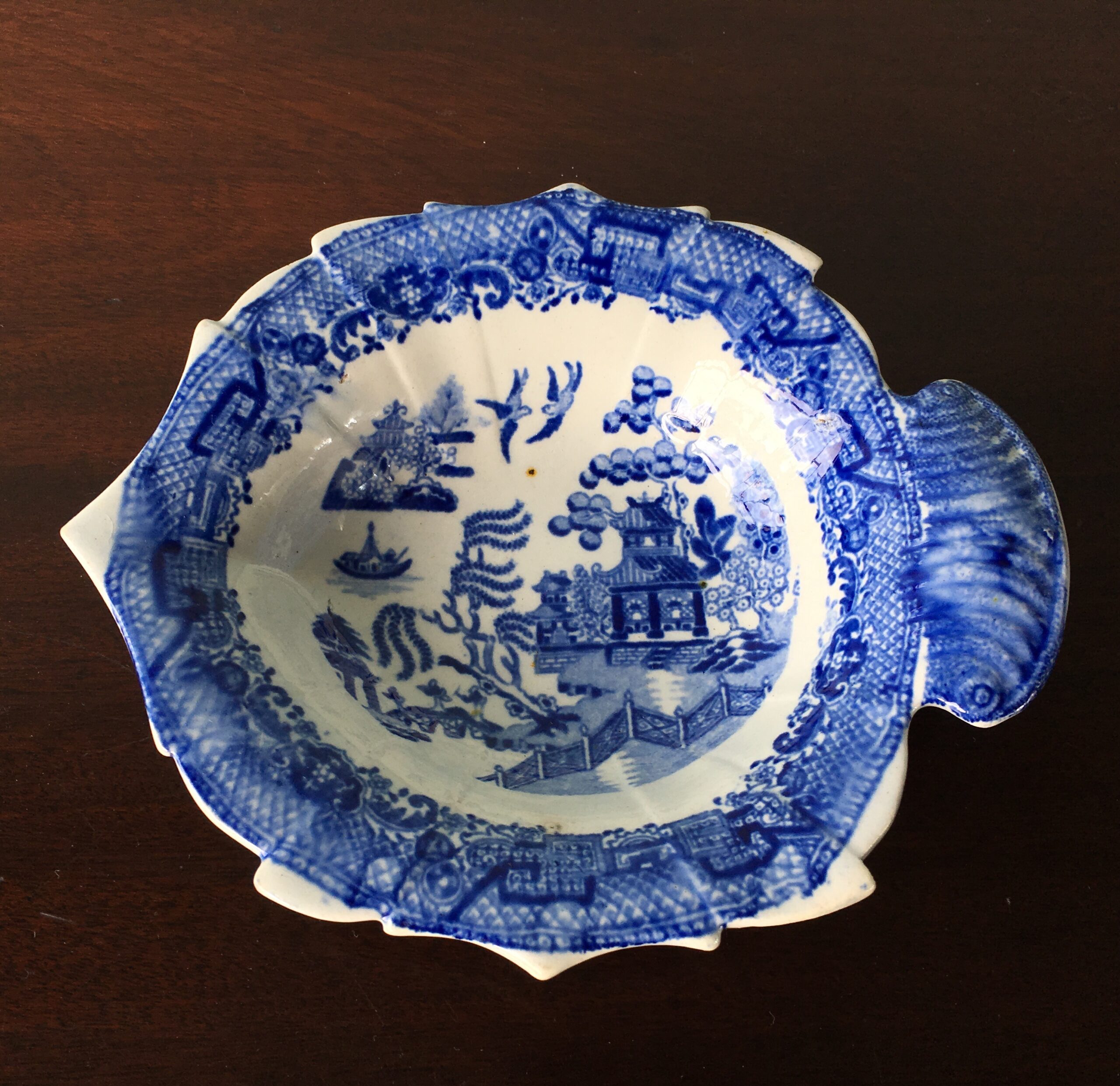 Blue and White pickle dish, marked Crown Warranted, c.1820 -0