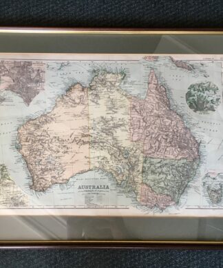 Framed printed map of Australia, Melbourne Adelaide, Sydney, c.1900-0