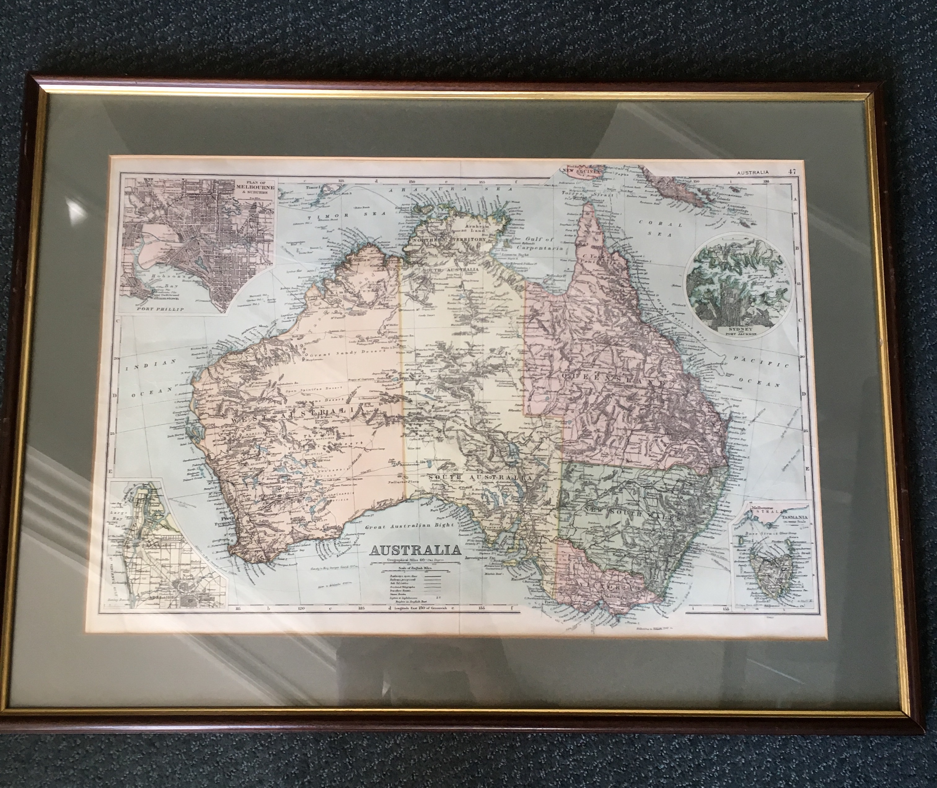 Framed Map Of Australia Framed printed map of Australia, Melbourne Adelaide, Sydney, c 