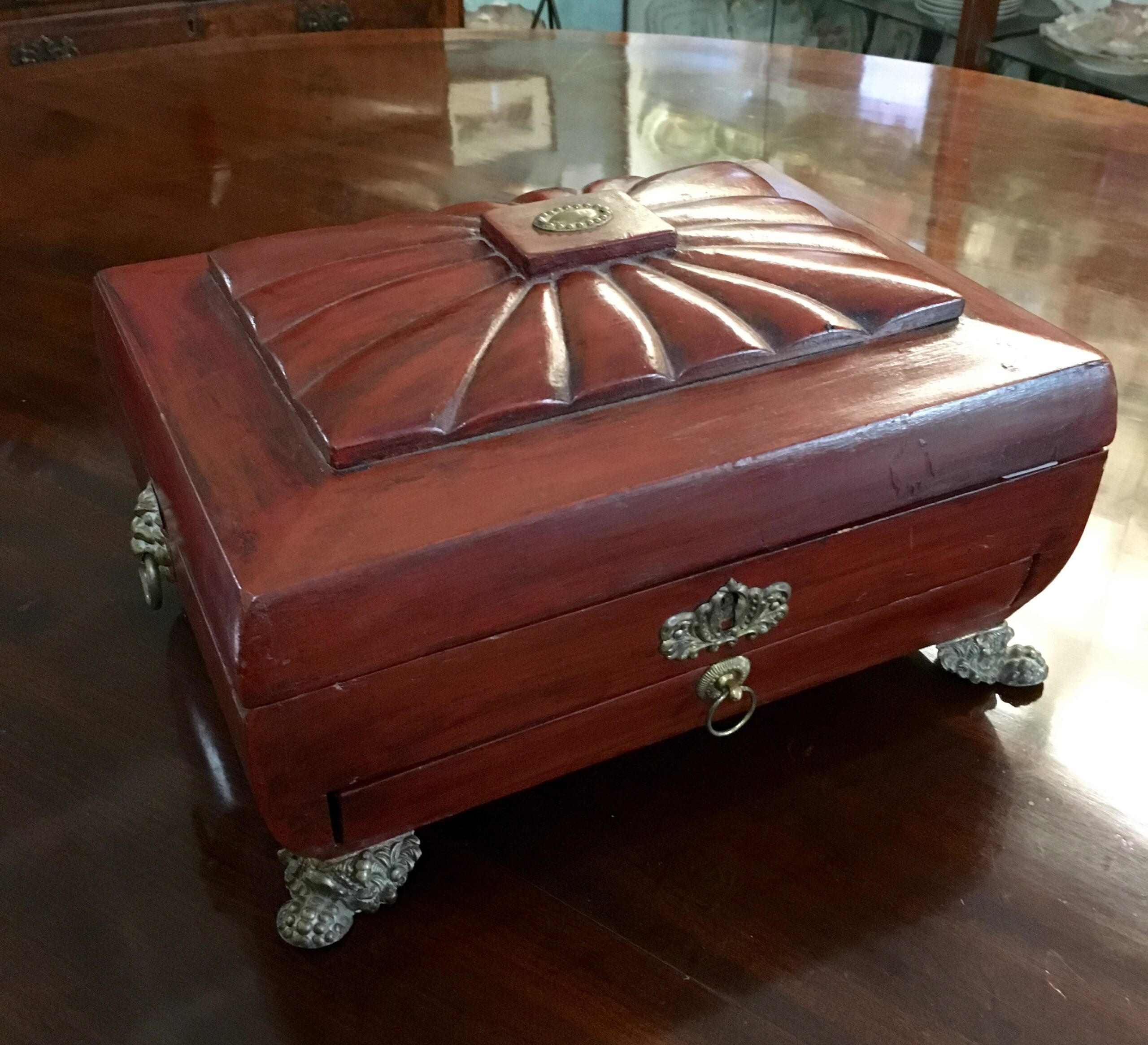 English red lacquer sarcophagus shaped sewing box with with ormolu mounts, draw and fitted interior , c. 1820-0