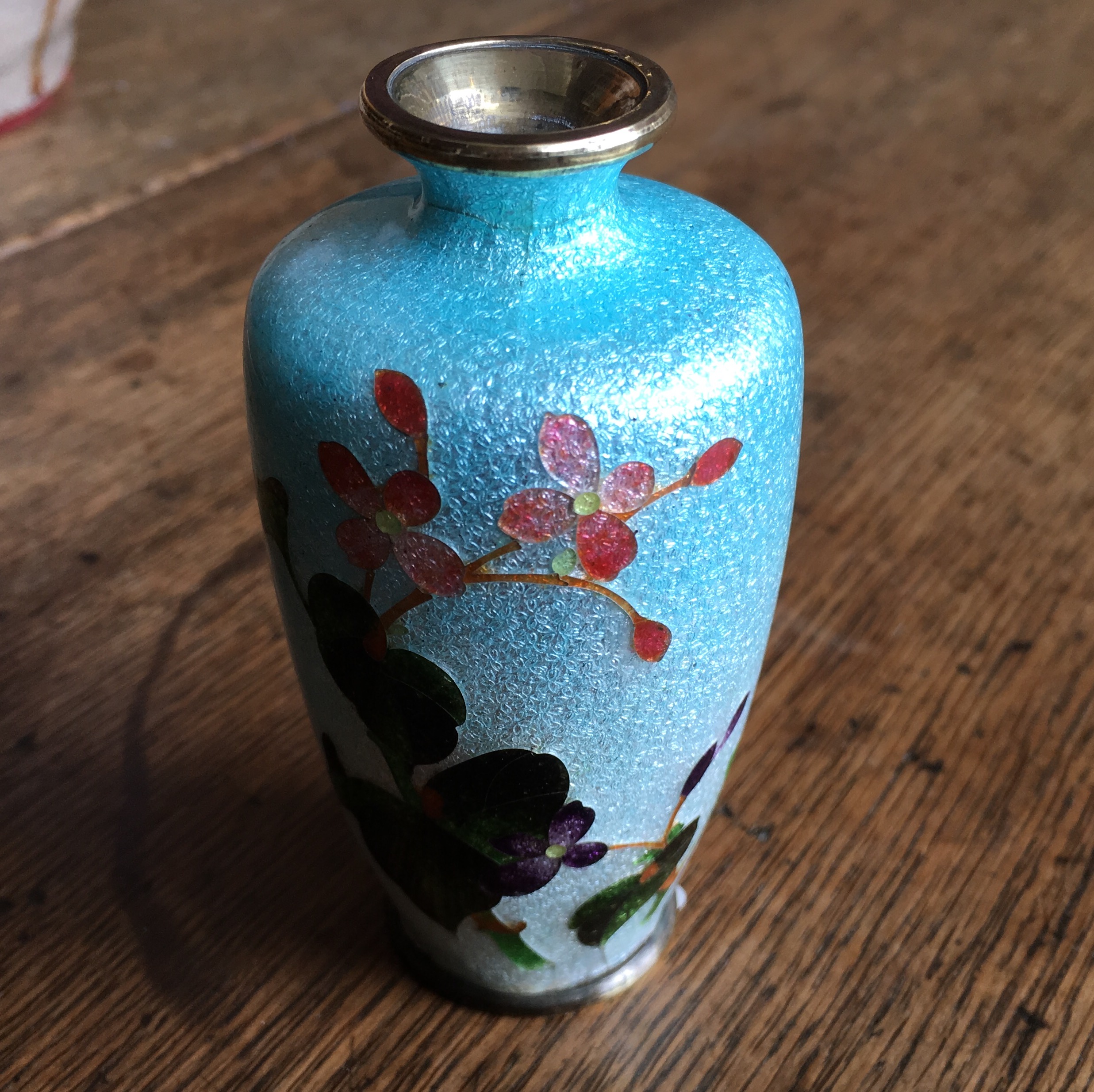 Japanese cloisonné vase, silver foil with flowers, c. 1900-0