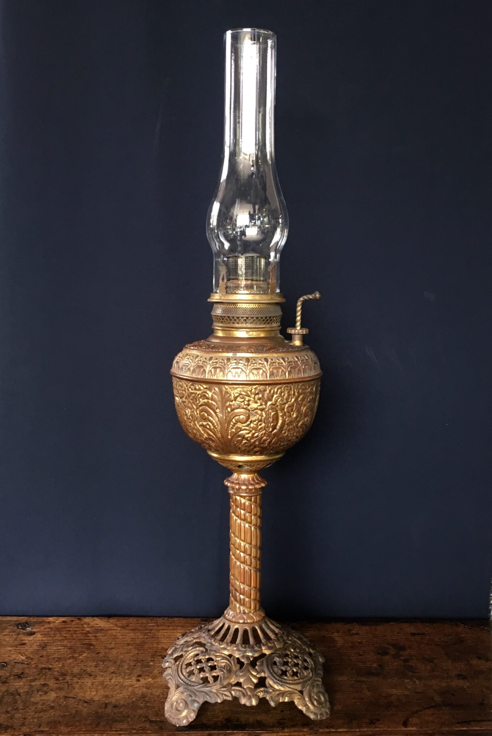 Brass kerosene lamp, flowers & leaves with 'The Admiral' burner fitting, Circa 1890-0