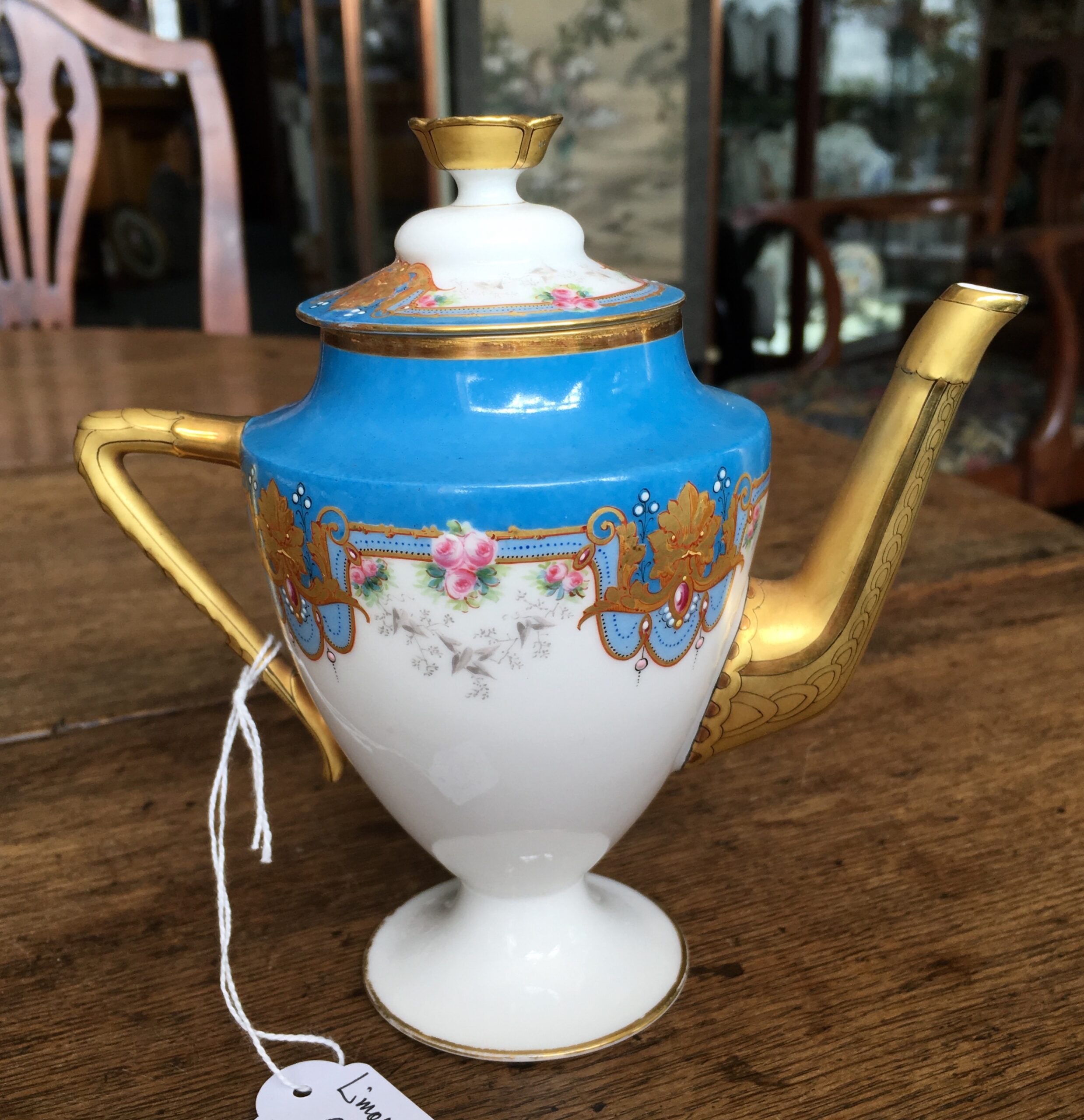 Limoges porcelain tea pot, ornate gilt on blue ground, c. 1875-0