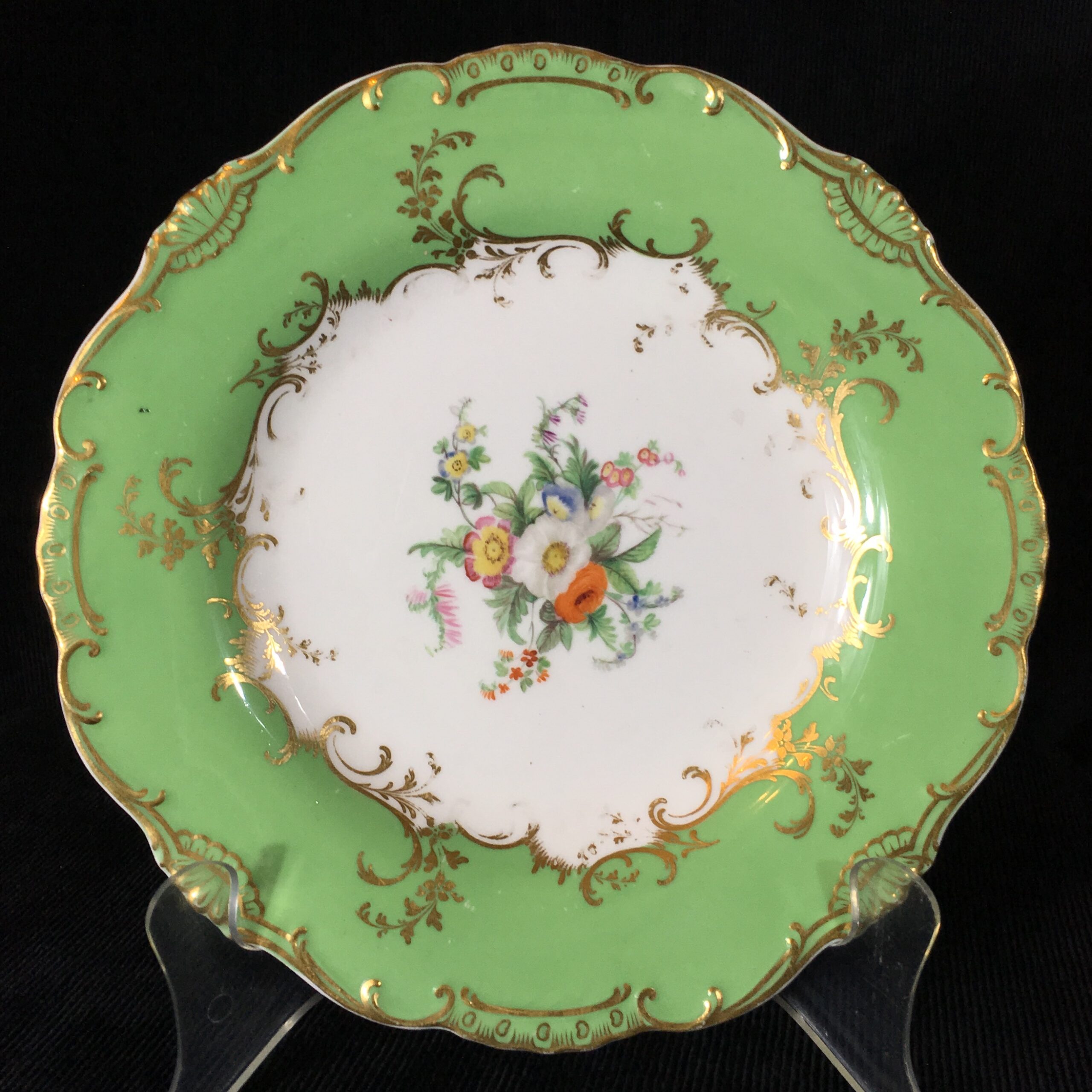 Minton plate with flowers & gilt, green ground, patt. 6536, c. 1845 -0