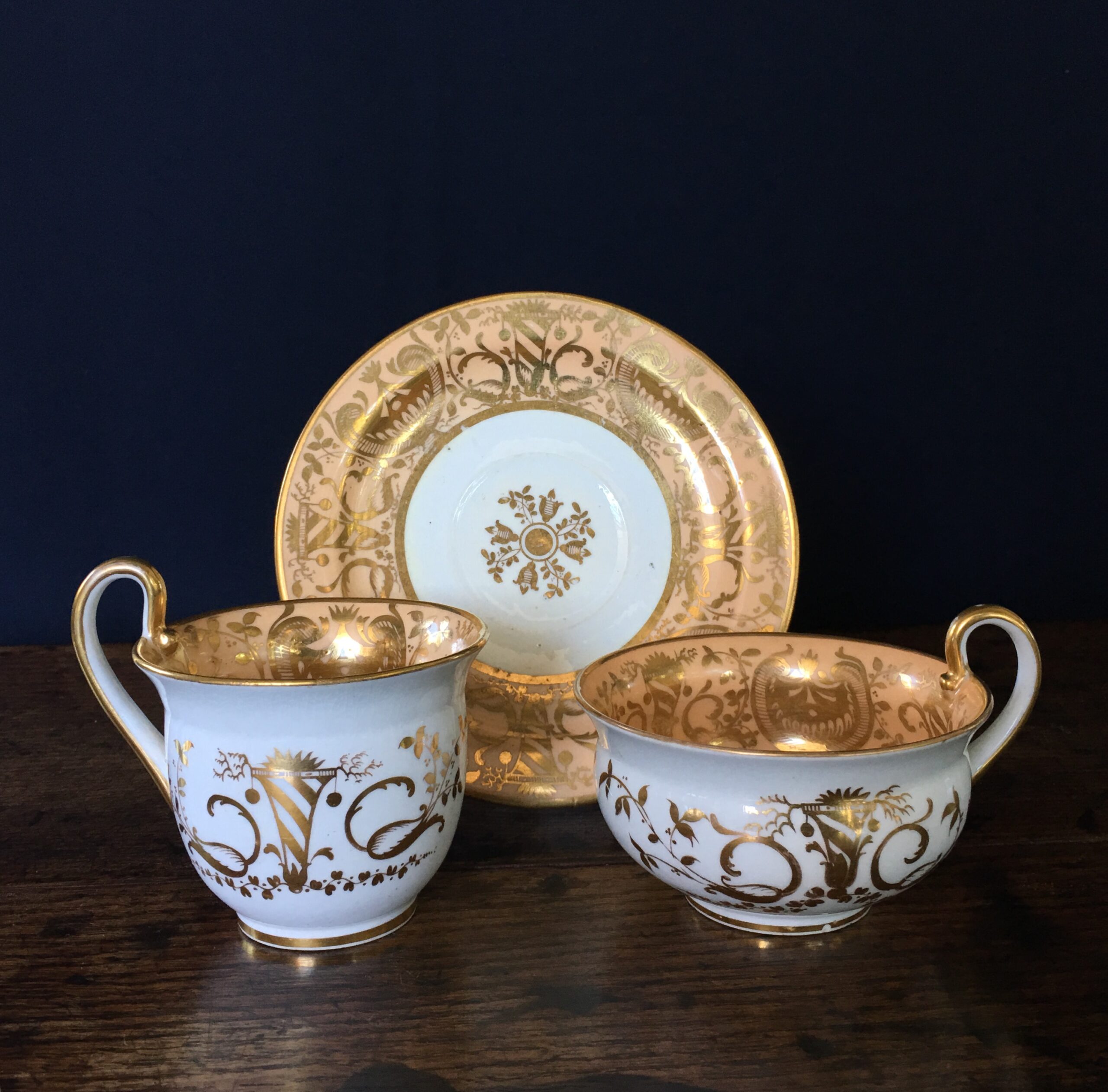 Coalport etruscan shape trio, classical gilding, C. 1820 -0