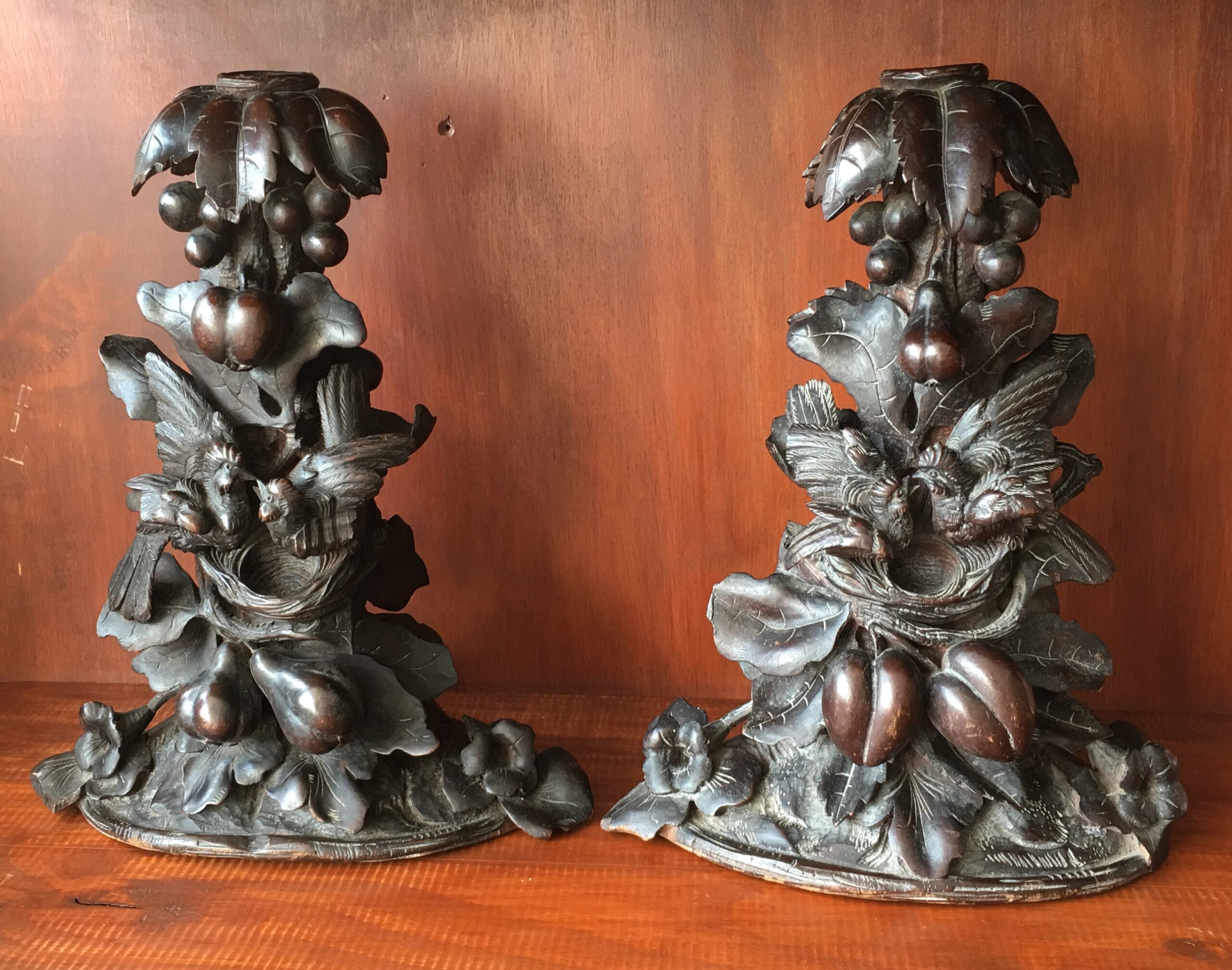 Pair of Black Forrest carved candlesticks, nesting birds, c. 1880-0