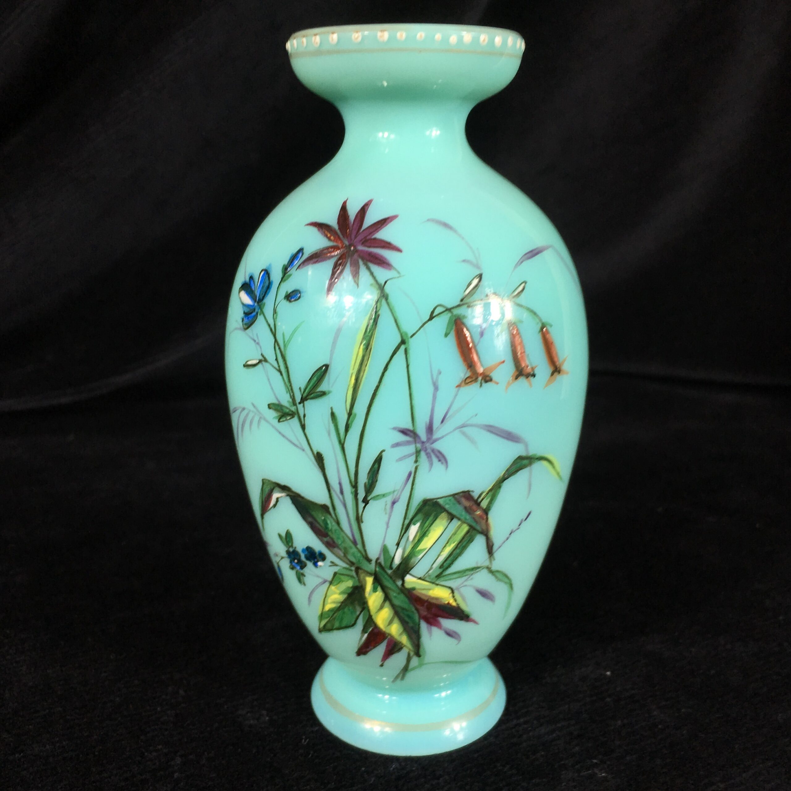 Victorian glass vase , pale turquoise with enamelled flowers, c. 1880 -0