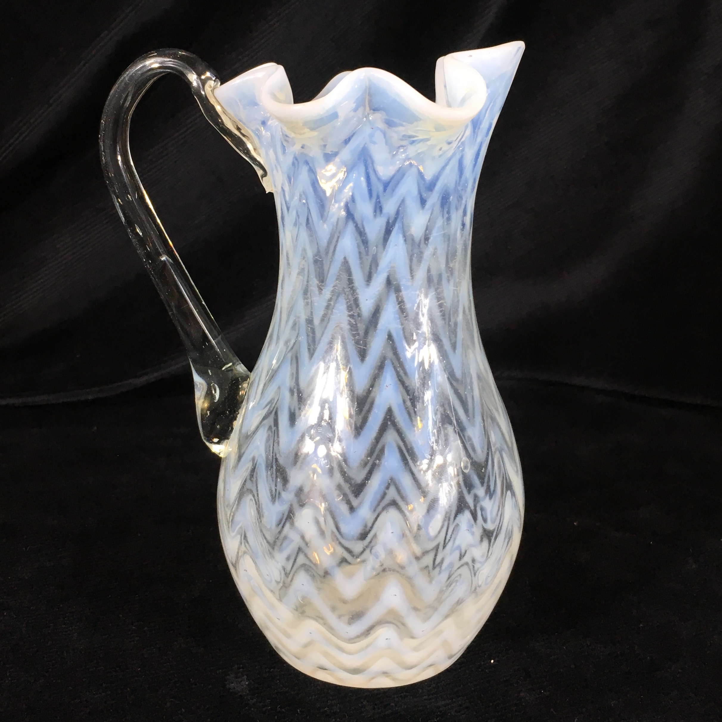 Victorian glass jug, chevron striped white on green, c. 1880 -0