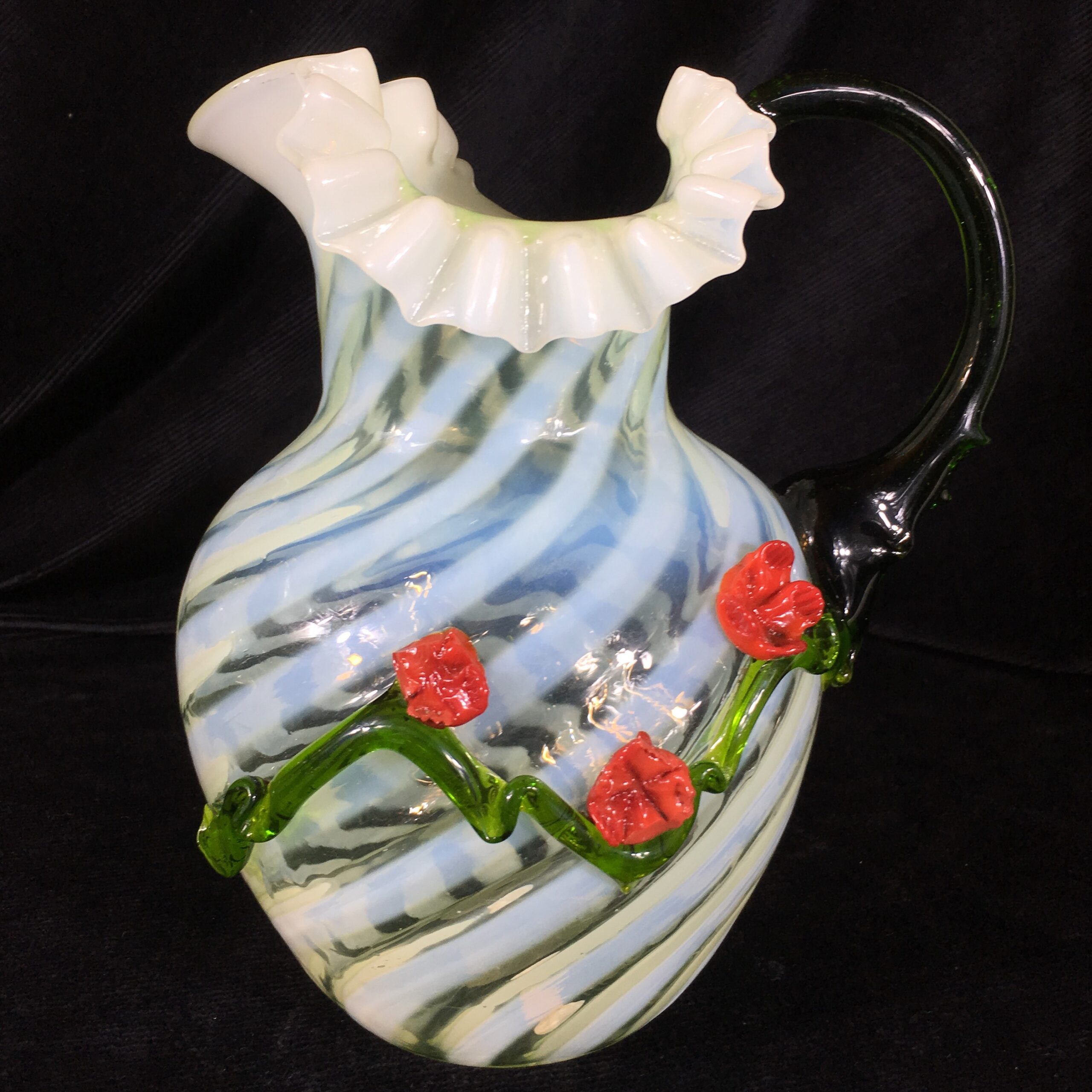 Victorian glass jug, spiral green & white with red applied flowers, c. 1880 -0