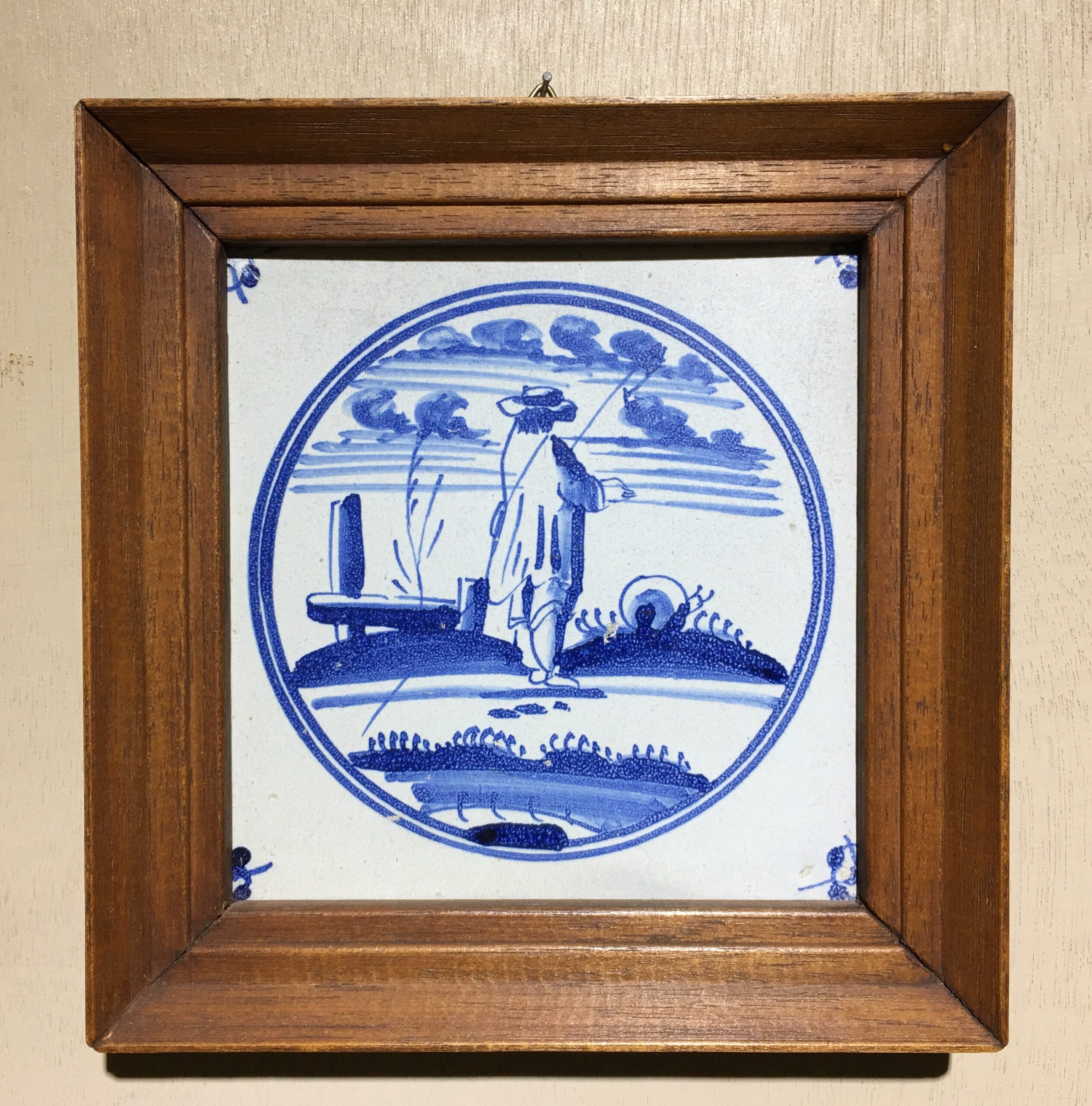 Dutch Delft Tinglaze blue & white tile, shepherd, circa 1700.-0