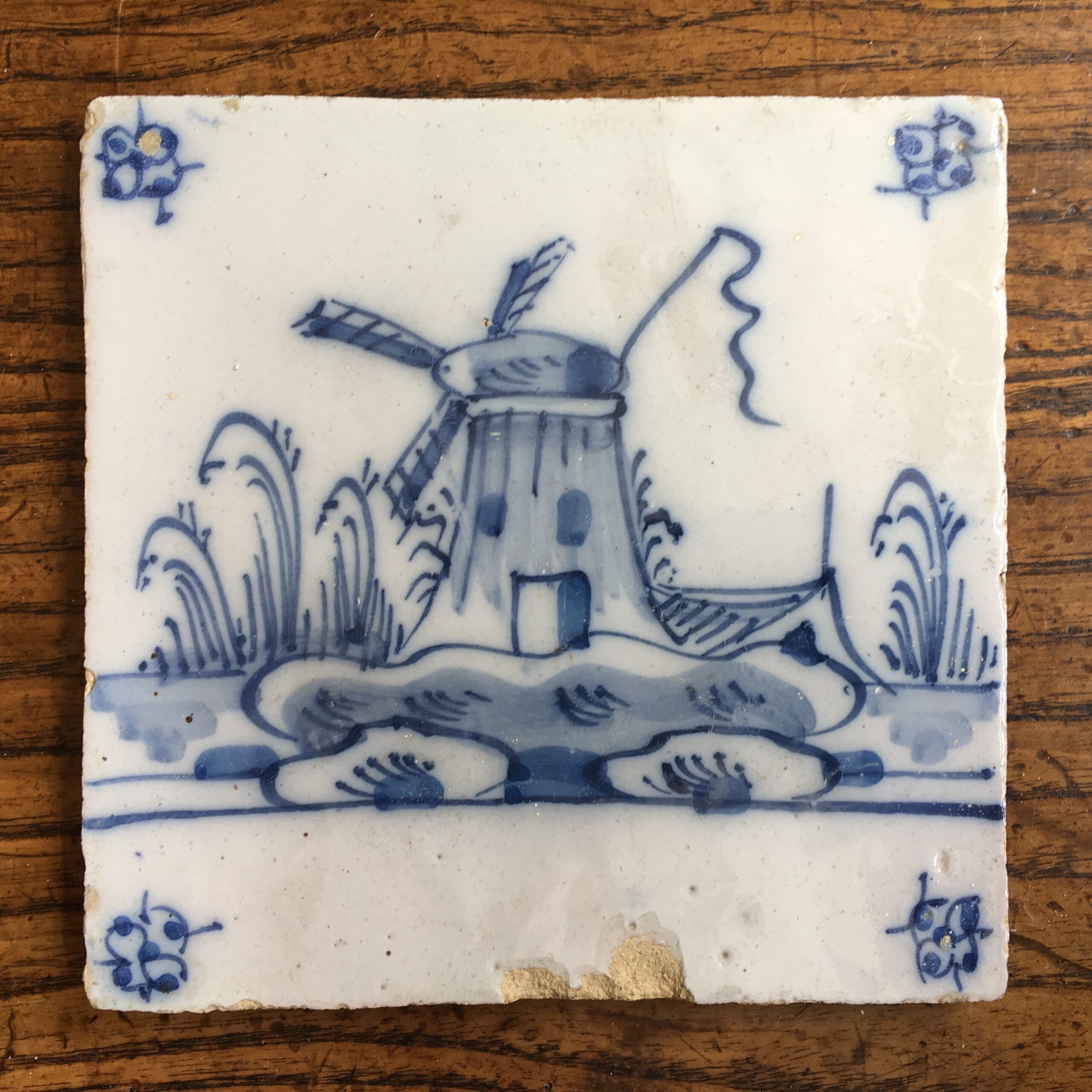 Dutch Delft tile -windmill, C. 1700 -0