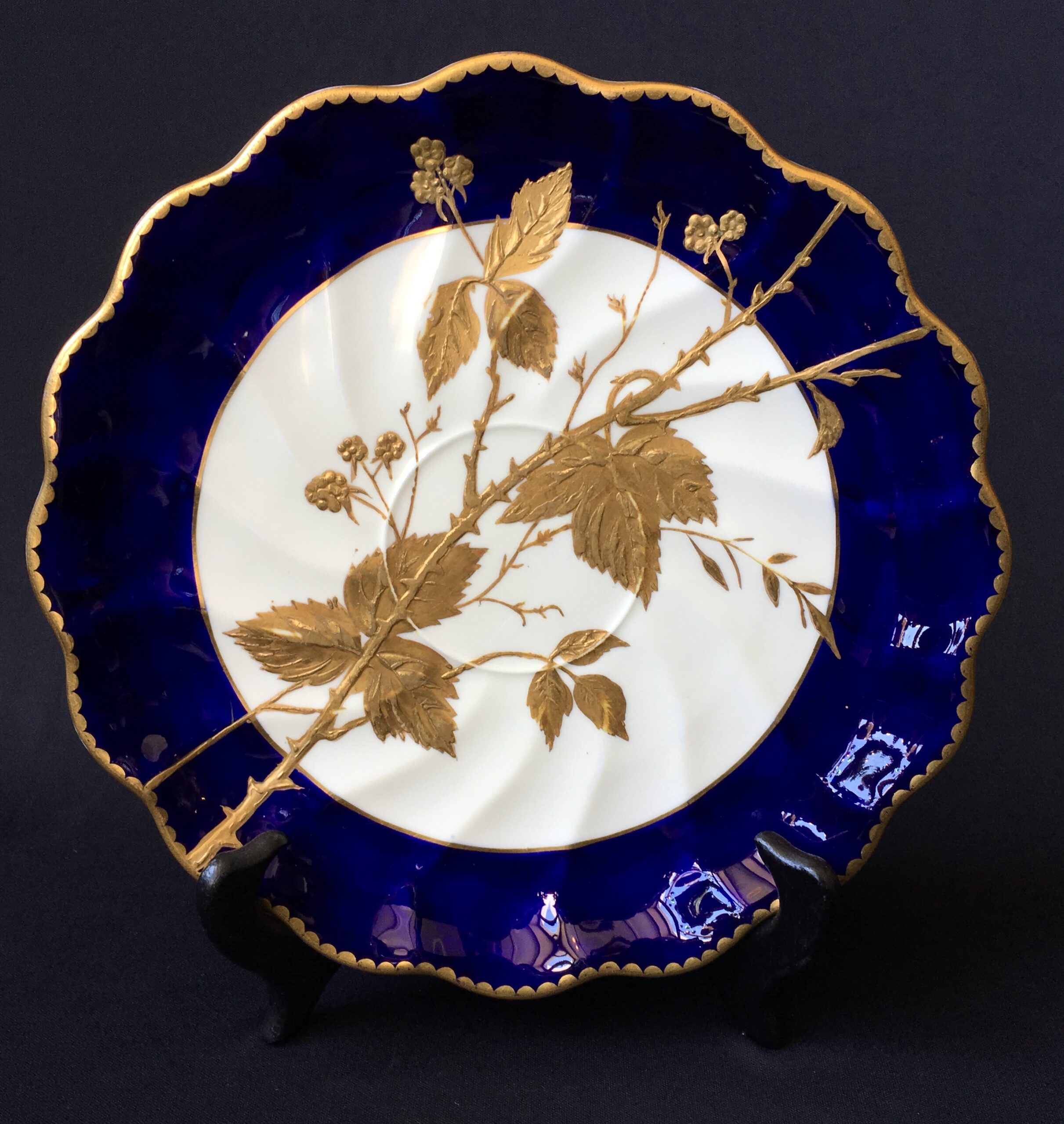 Davenport plate, mazarine blue with raised gold blackberries, c. 1875-0