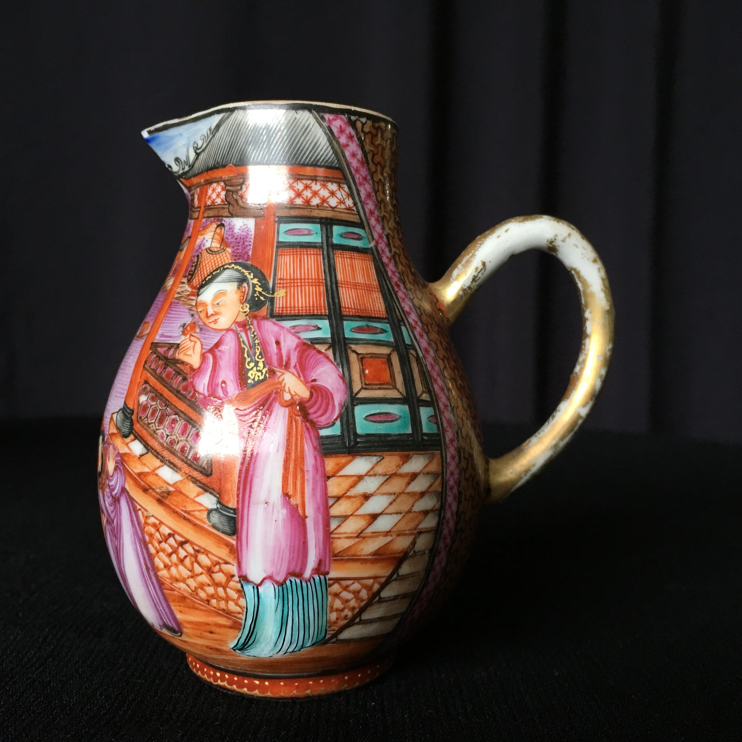 Chinese export milk jug with family scene, intense orange ground, c.1785 -0