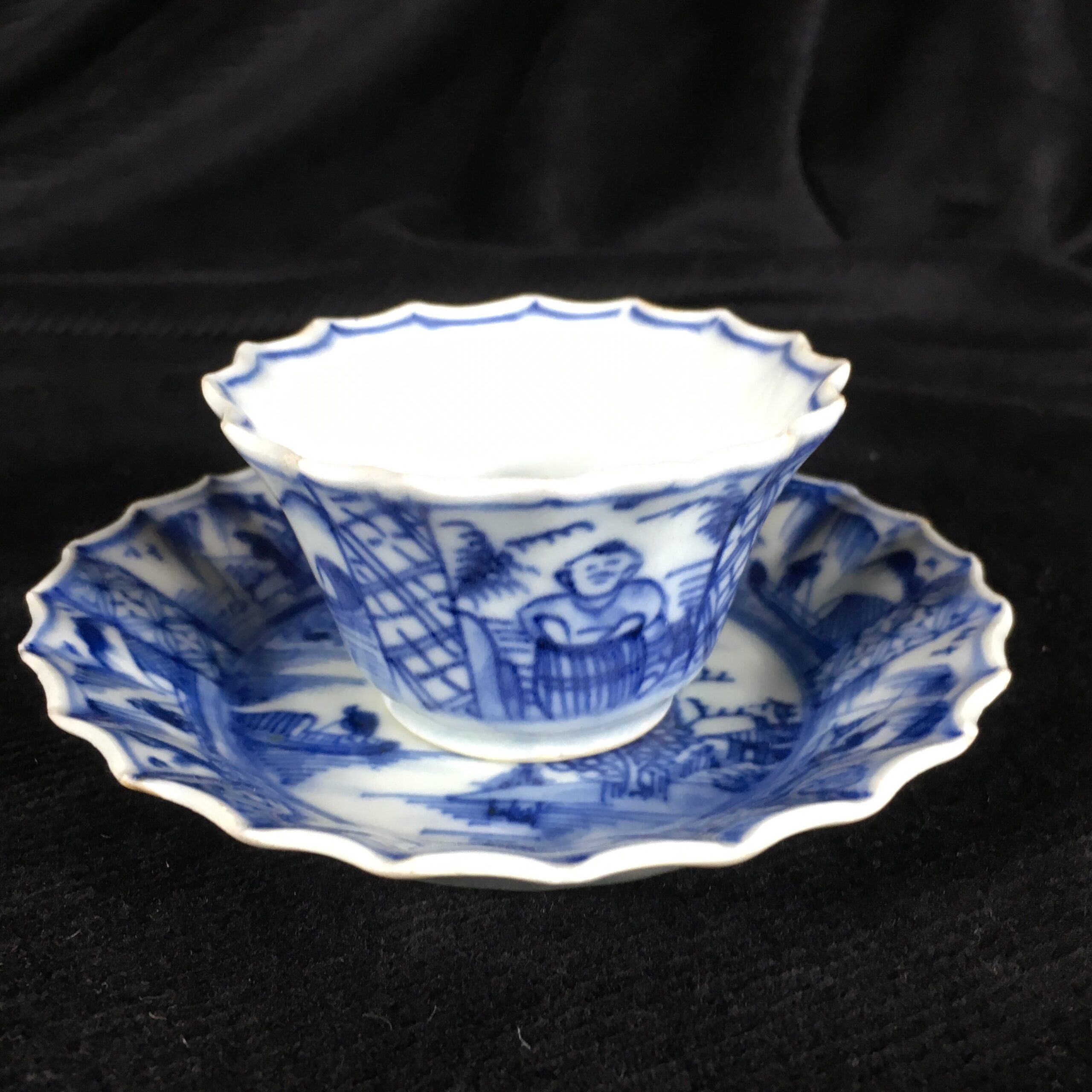 Chinese fluted teabowl & saucer, figures & flowers, c. 1720-0