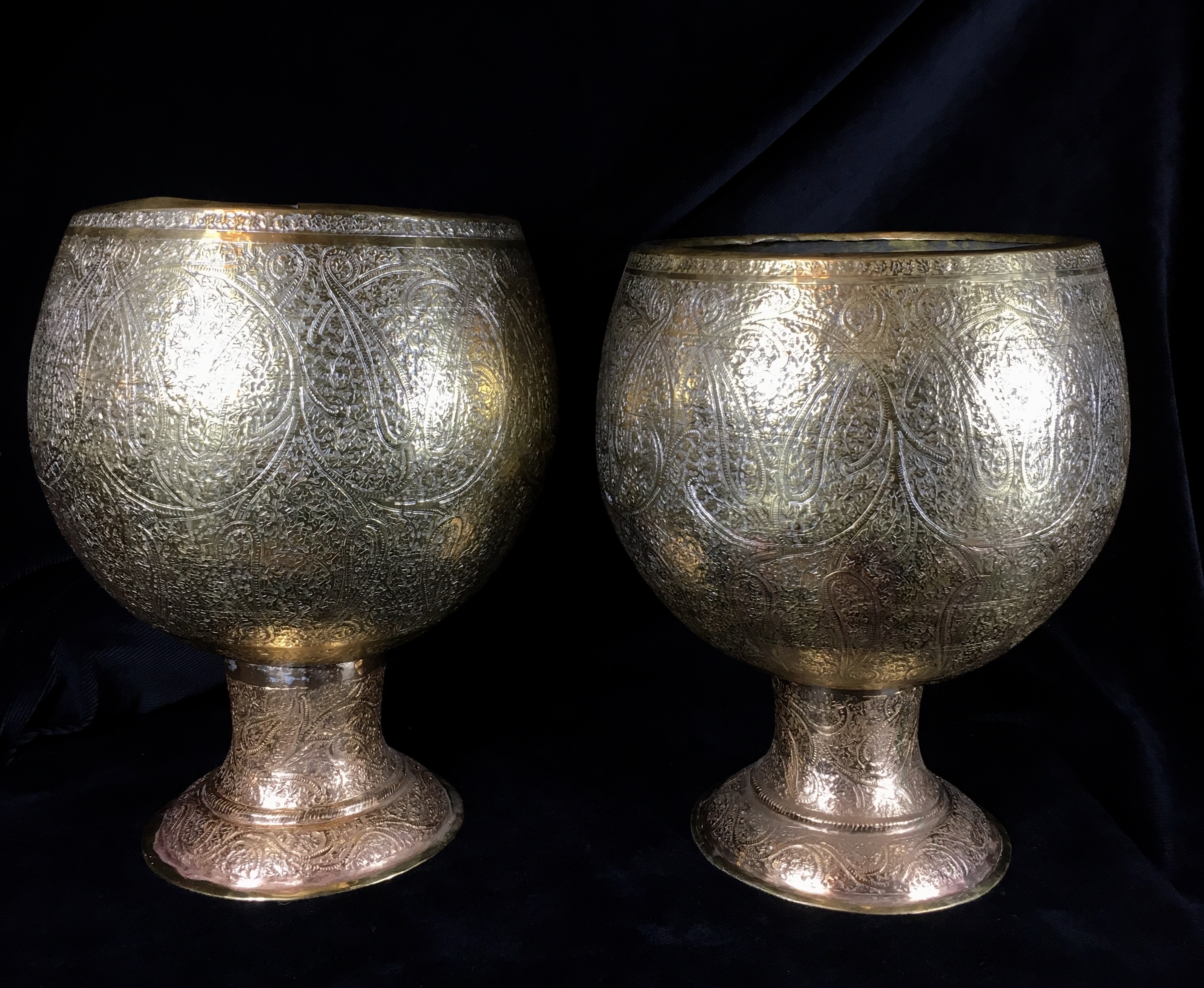 Pair Of Large Indian Brass Vases Engraved Paisley Pattern 19th C