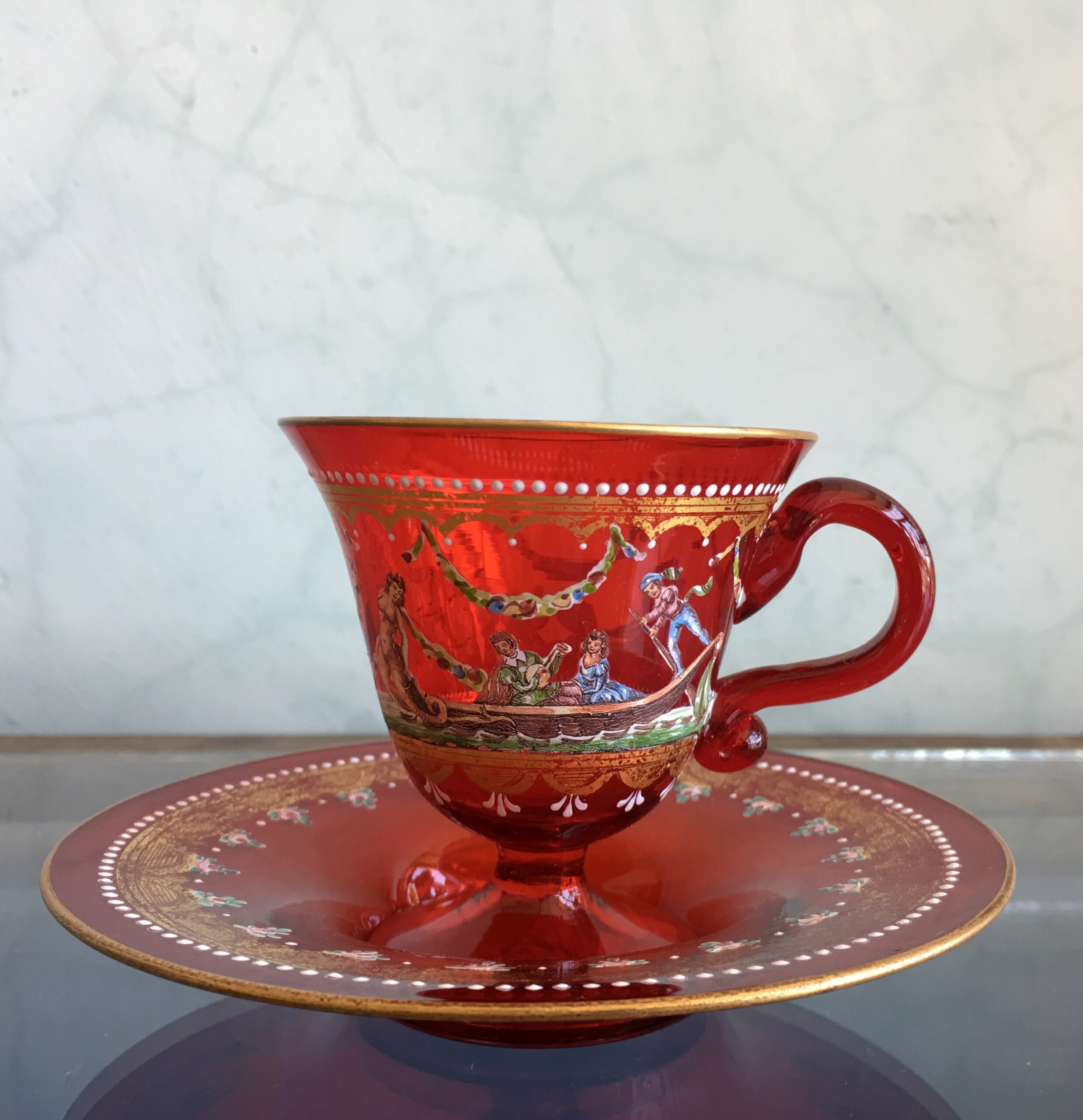 Moser ruby glass cup & saucer, 'Venetian' scenes, c.1925-0