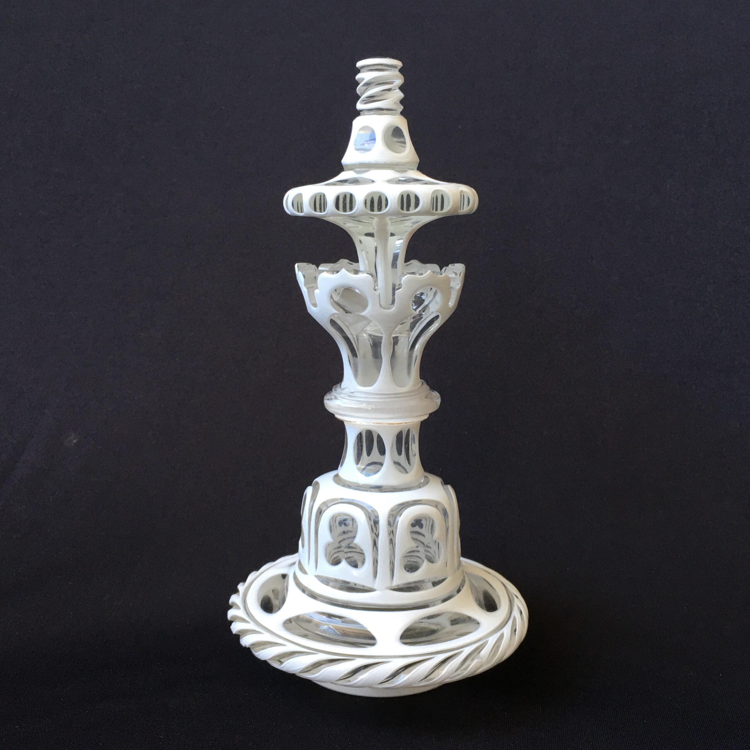 Victorian white overlaid glass perfume decanter, Gothic style, c.1850.-0