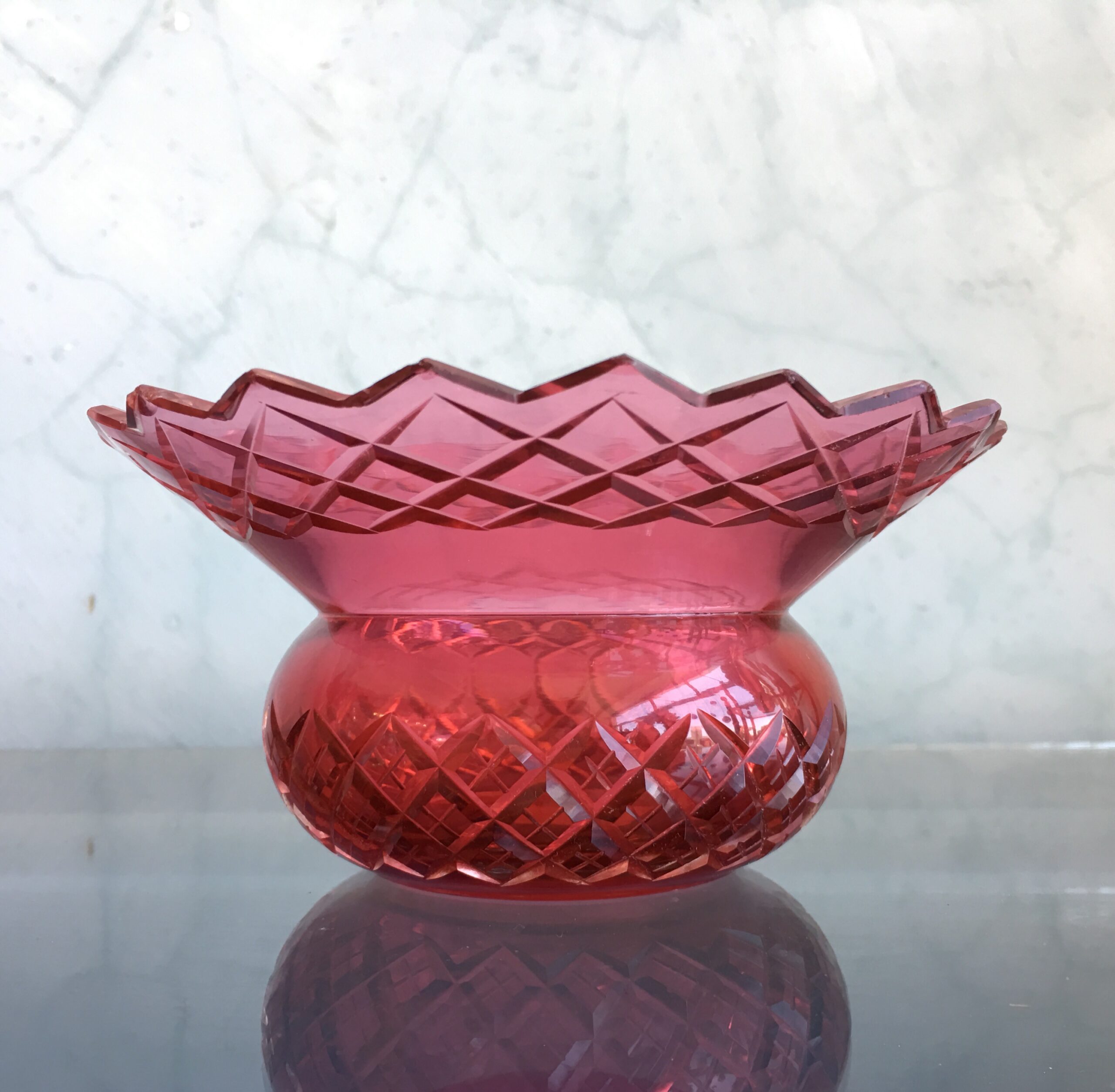 Victorian Ruby cut crystal dish, thistle form, c.1890-0