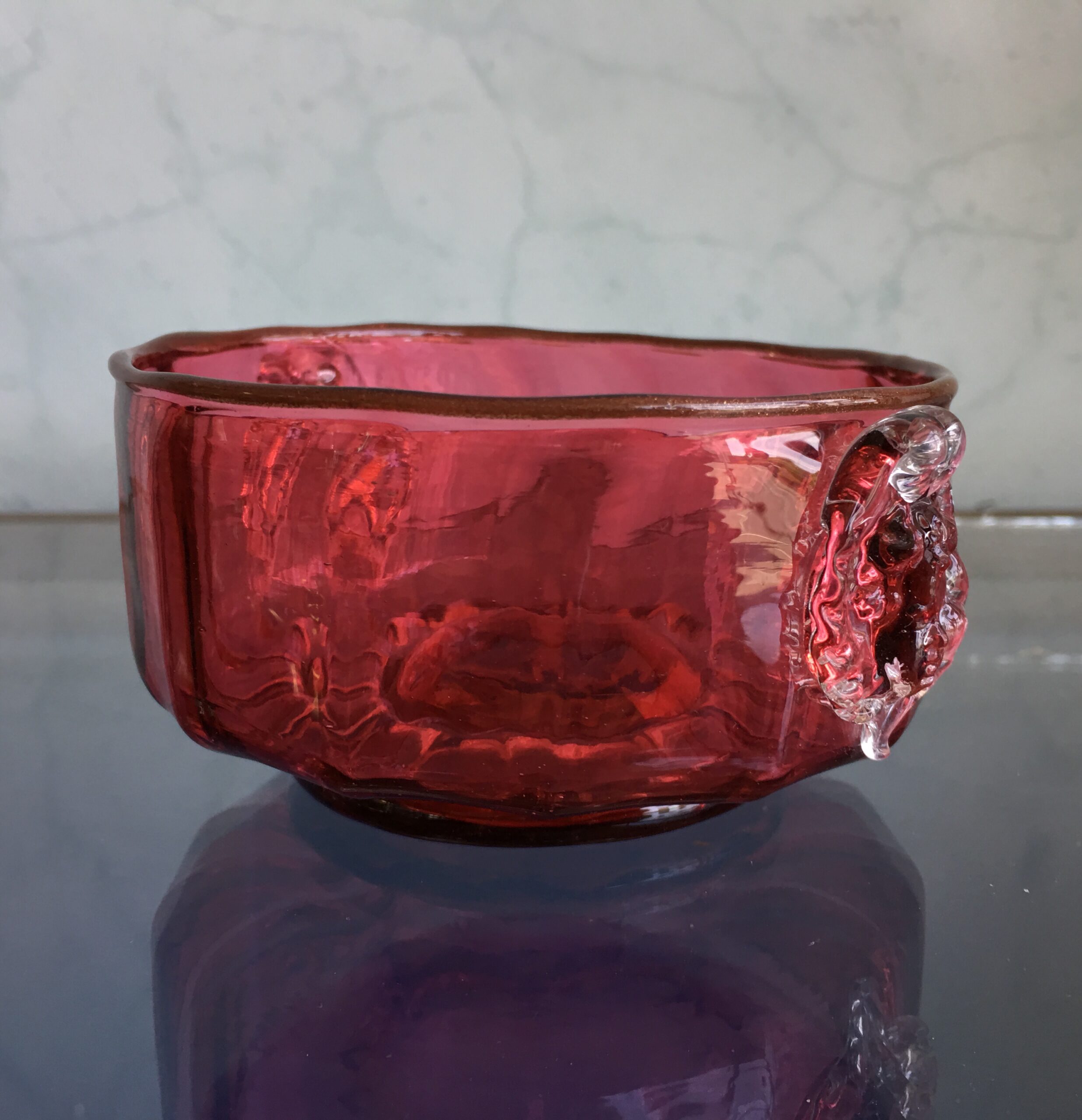 Victorian Ruby glass bowl, moulded faces, C.1880-0