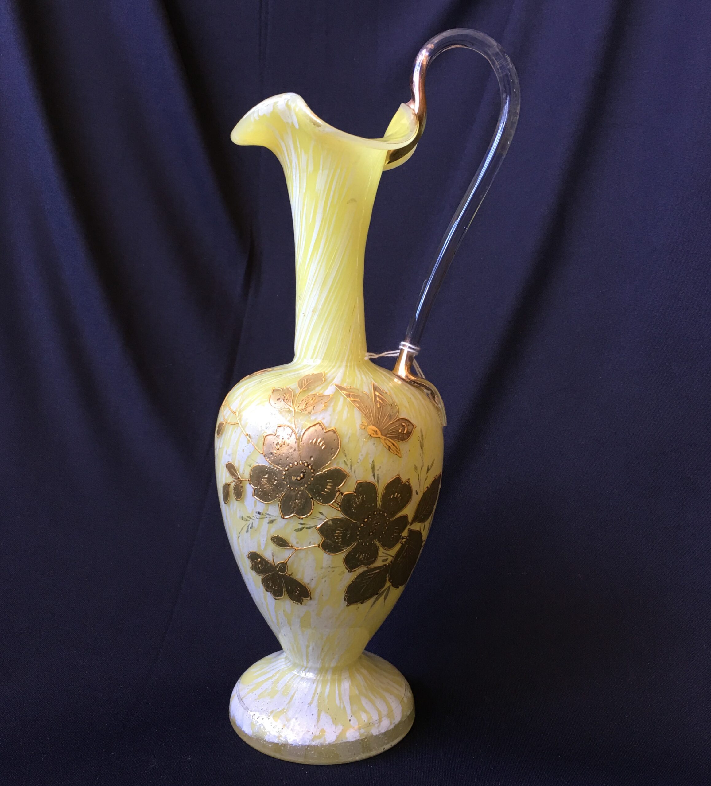 Victorian tall ewer in mottled yellow, gilt flowers, c.1890-0