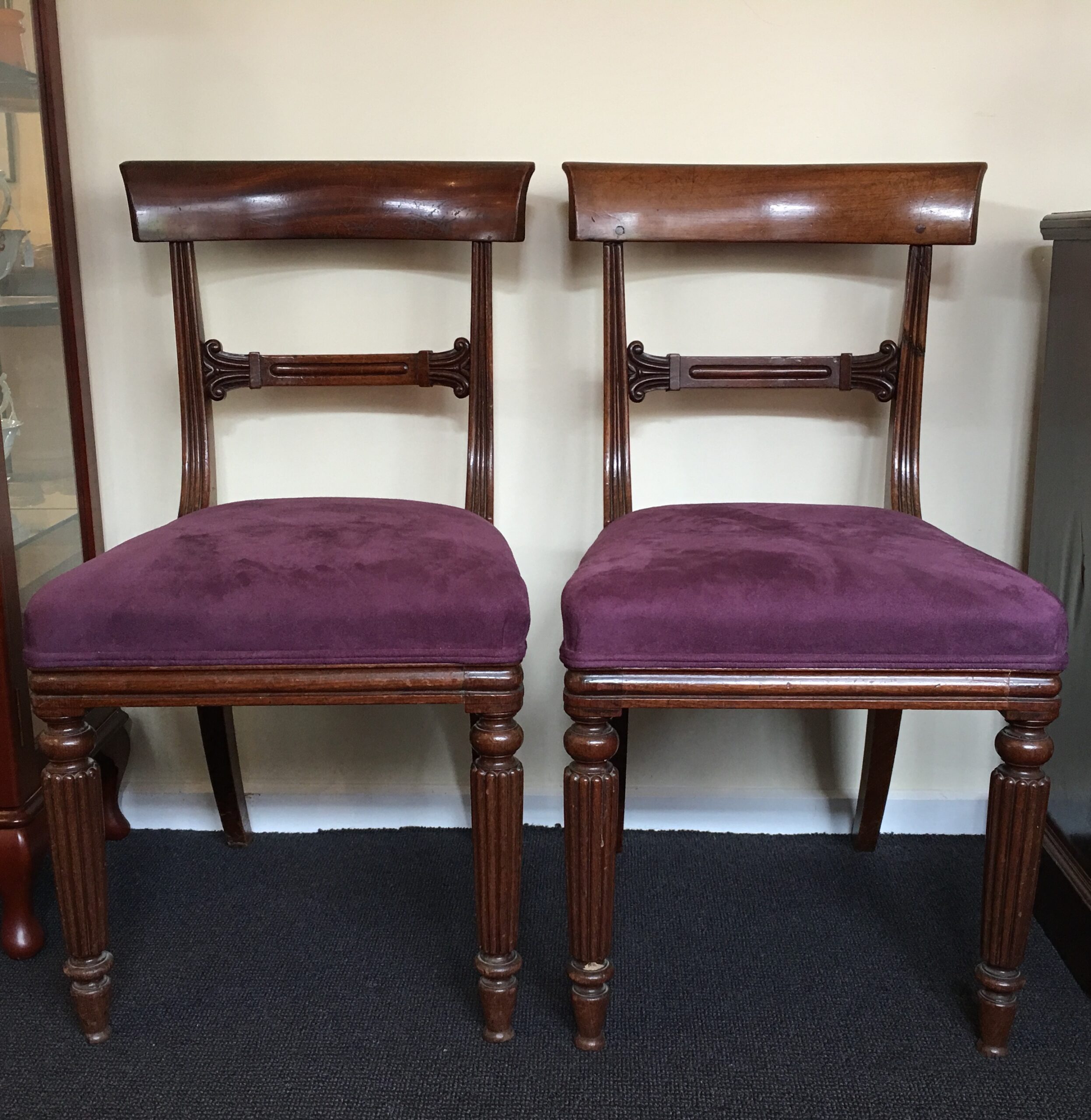 Pair of Regency mahogany chairs, purple suede upholstery, c.1815-0