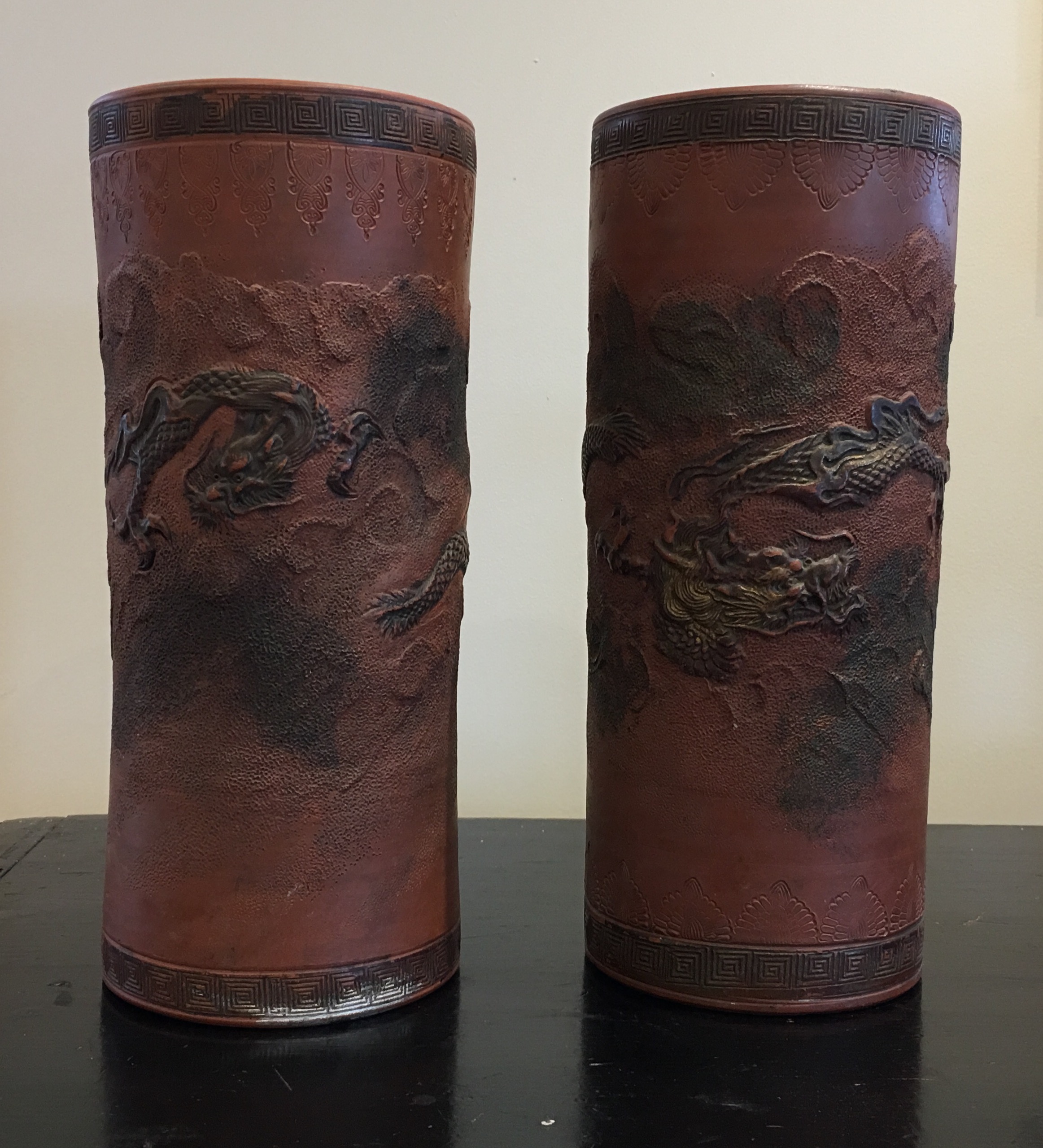 Pair of Japanese terracotta vases, dragons, c. 1900-0