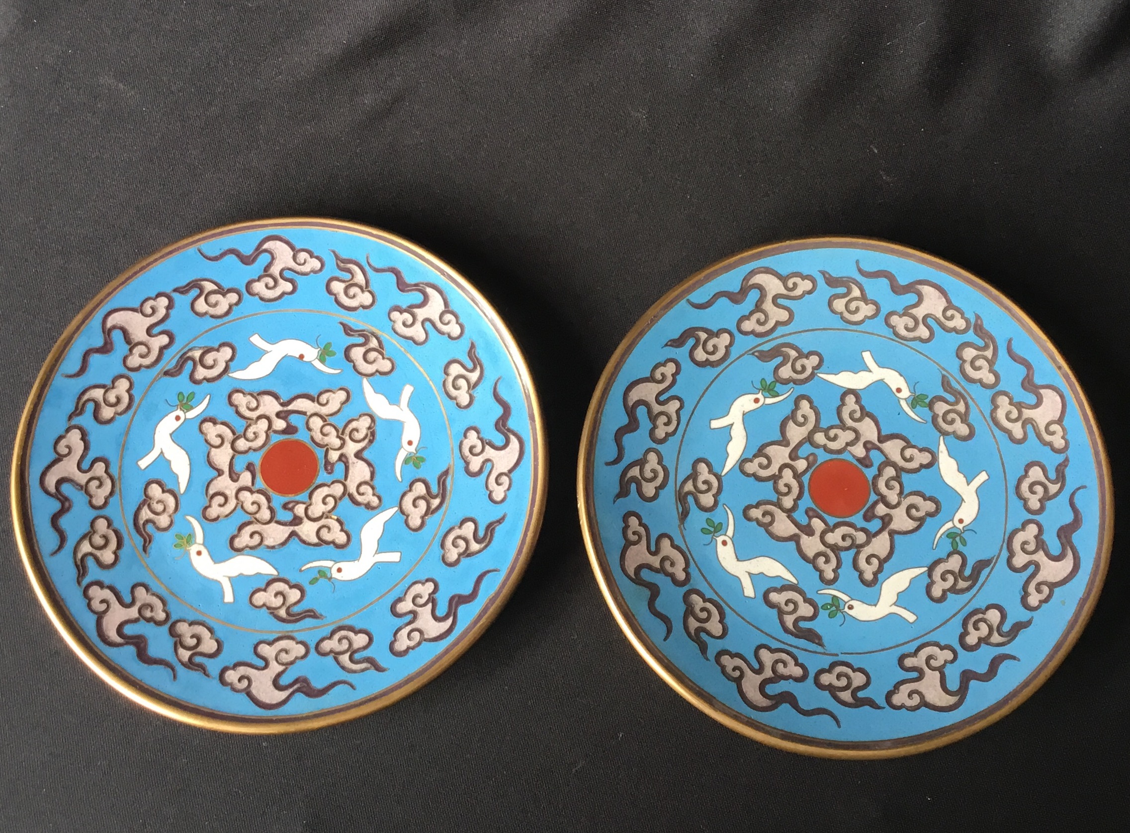 Pair Japanese Cloisonné dishes, cranes amongst clouds, early 20th century-0