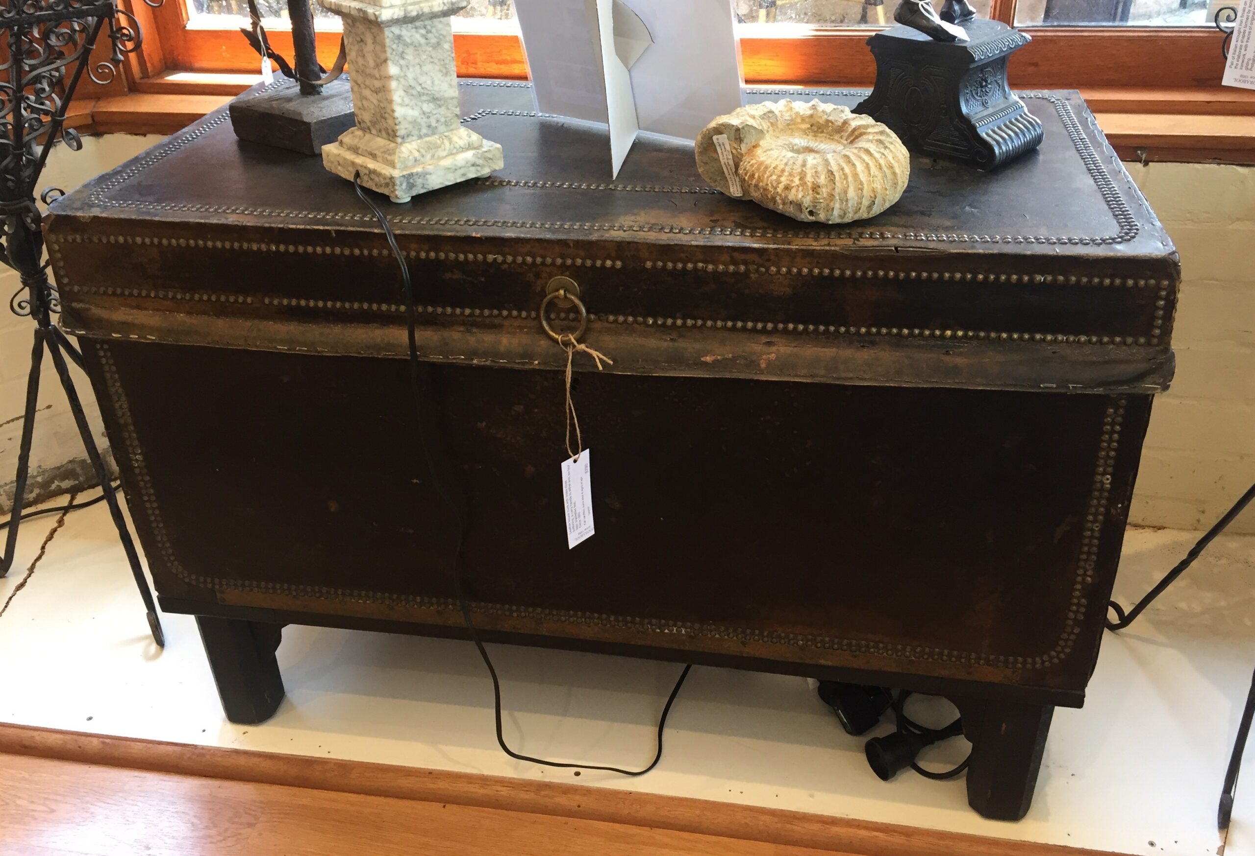 Large Leather covered trunk on stand, circa 1860-0