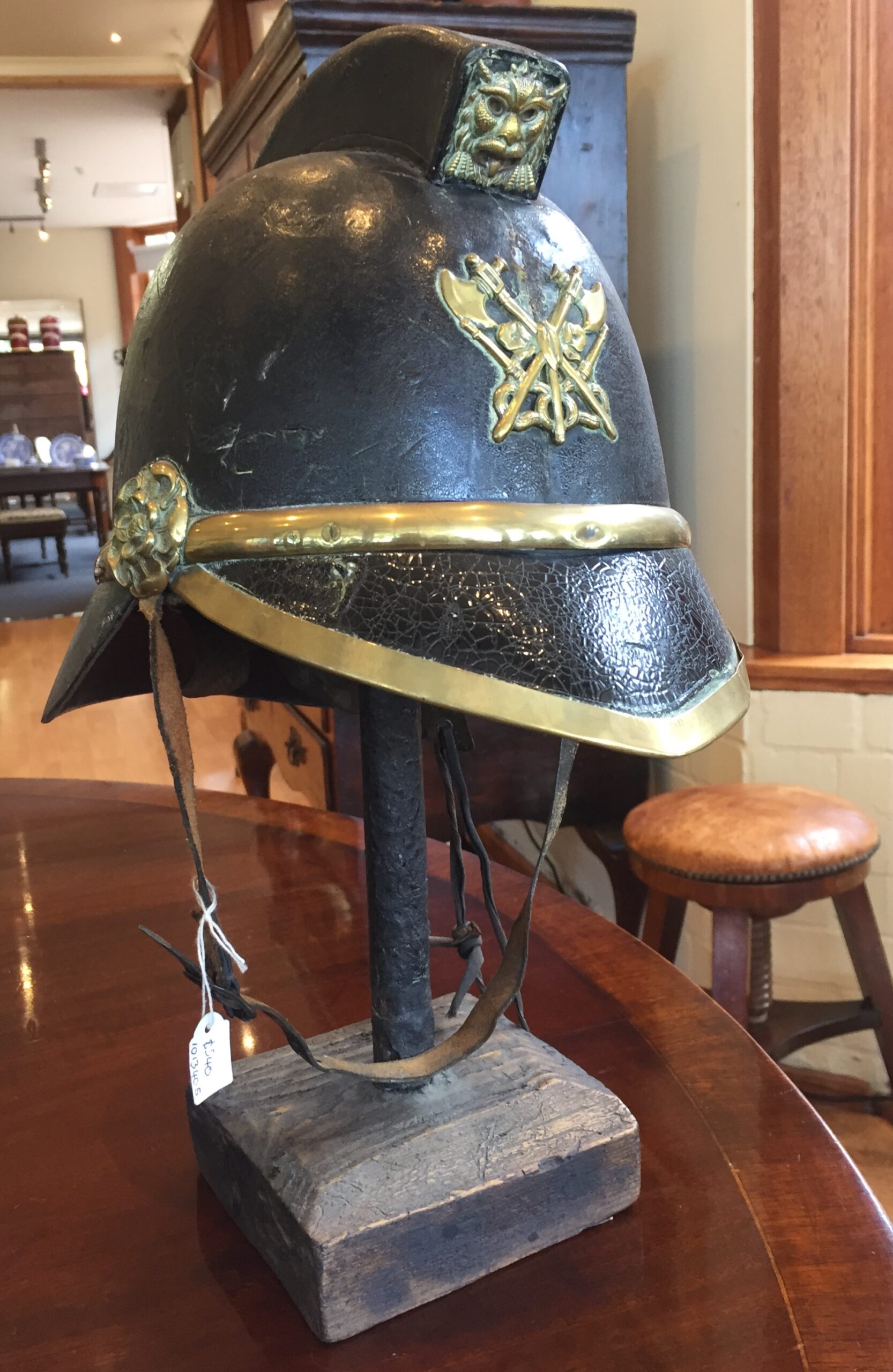 French leather & brass firemans helmet, 19th century -0