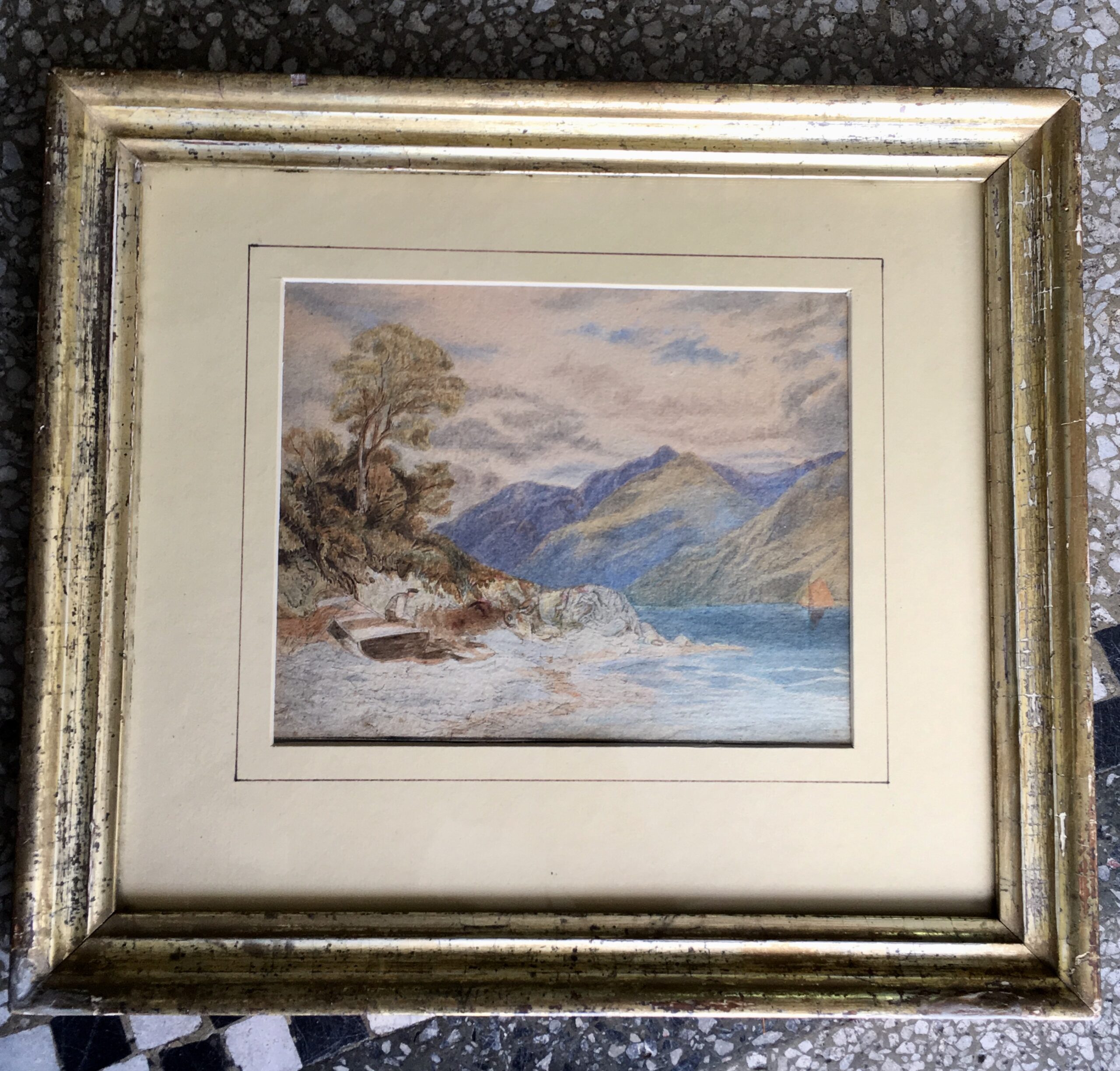 Watercolour of lake and mountains with boats and a fisherman, early 19th C-0