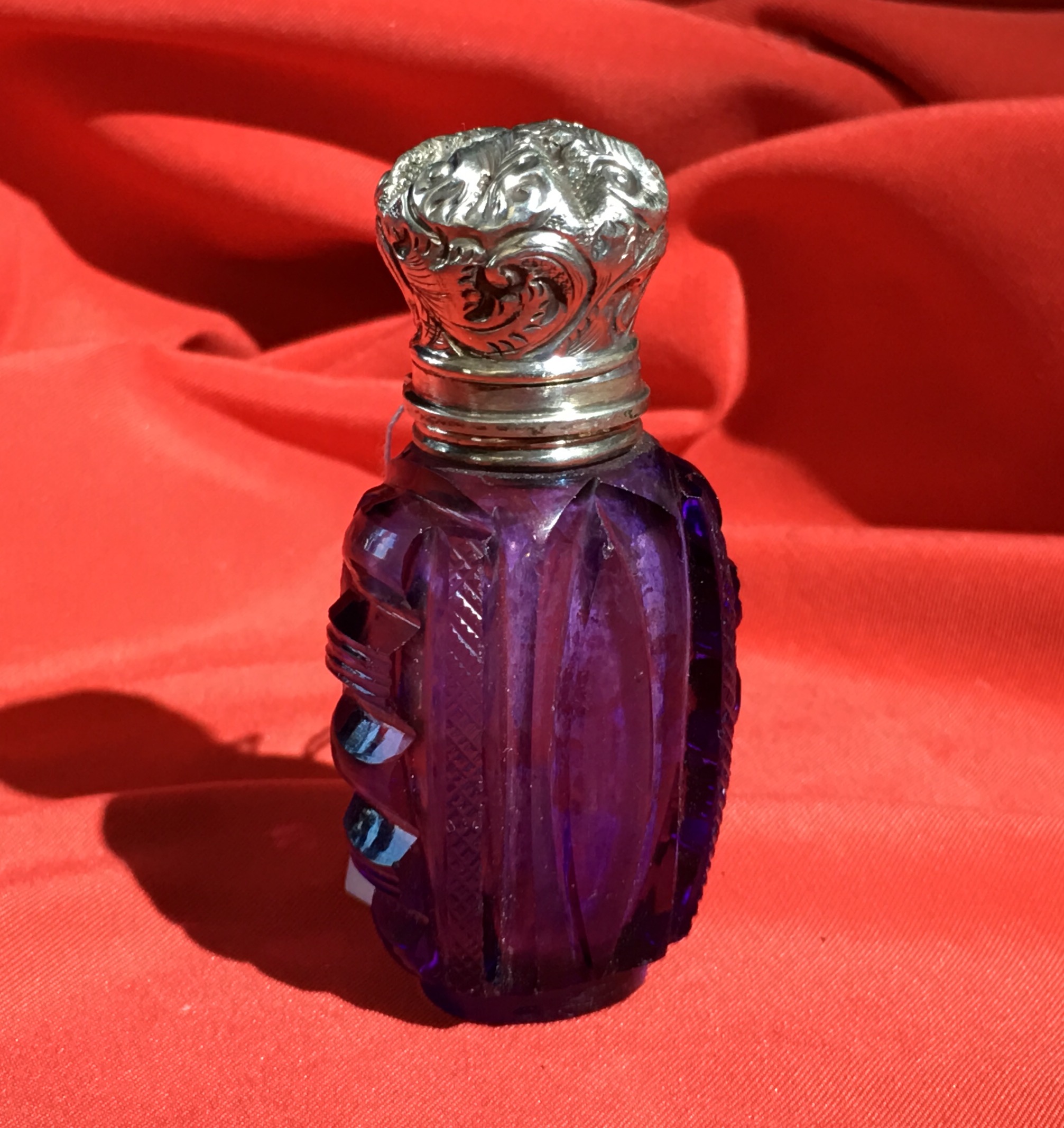 Amethyst glass perfume, silver lid, c. 1875-0