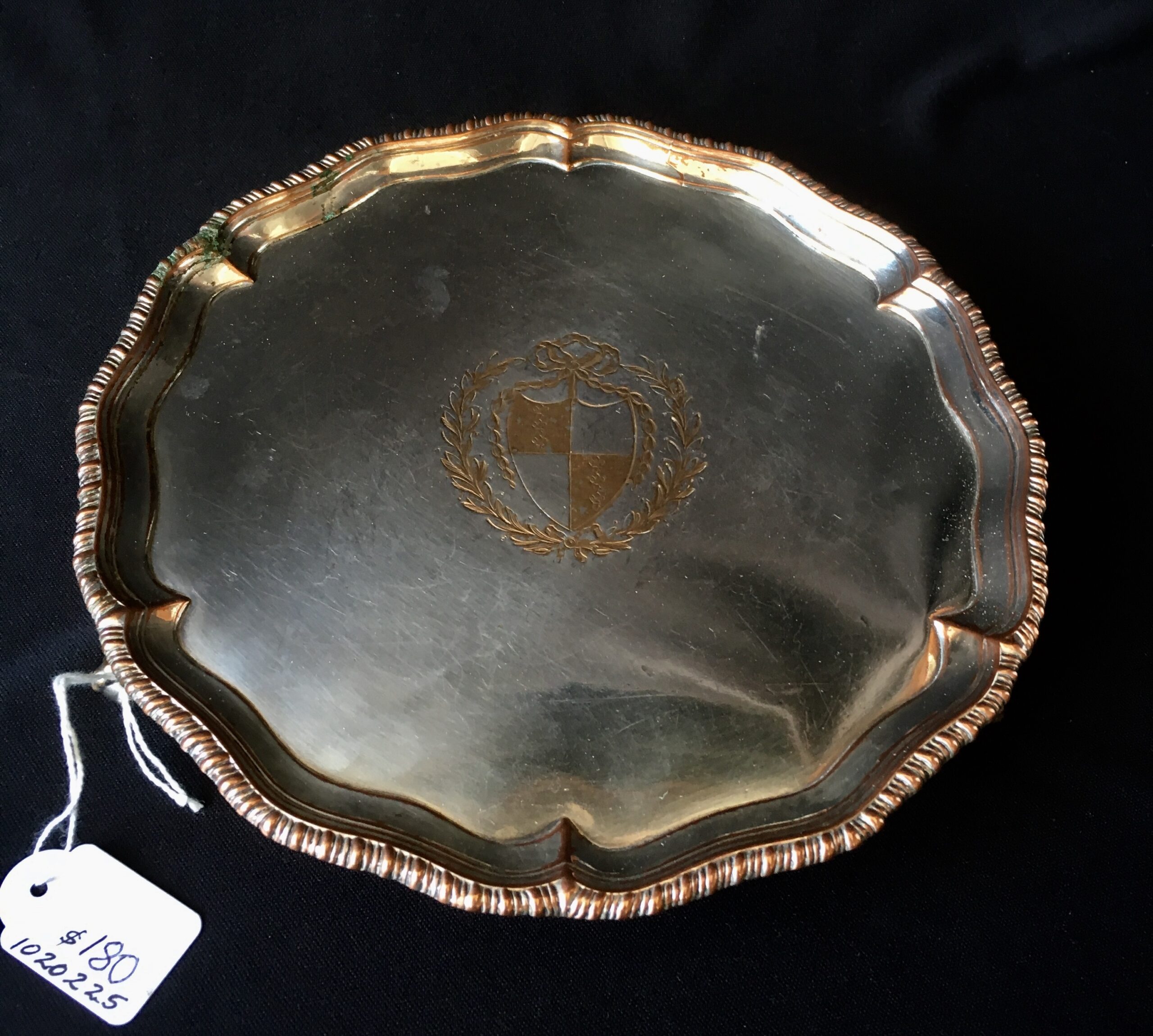 French rolled plate waiter, fleur-de-lis armorial crest, c. 1785-0