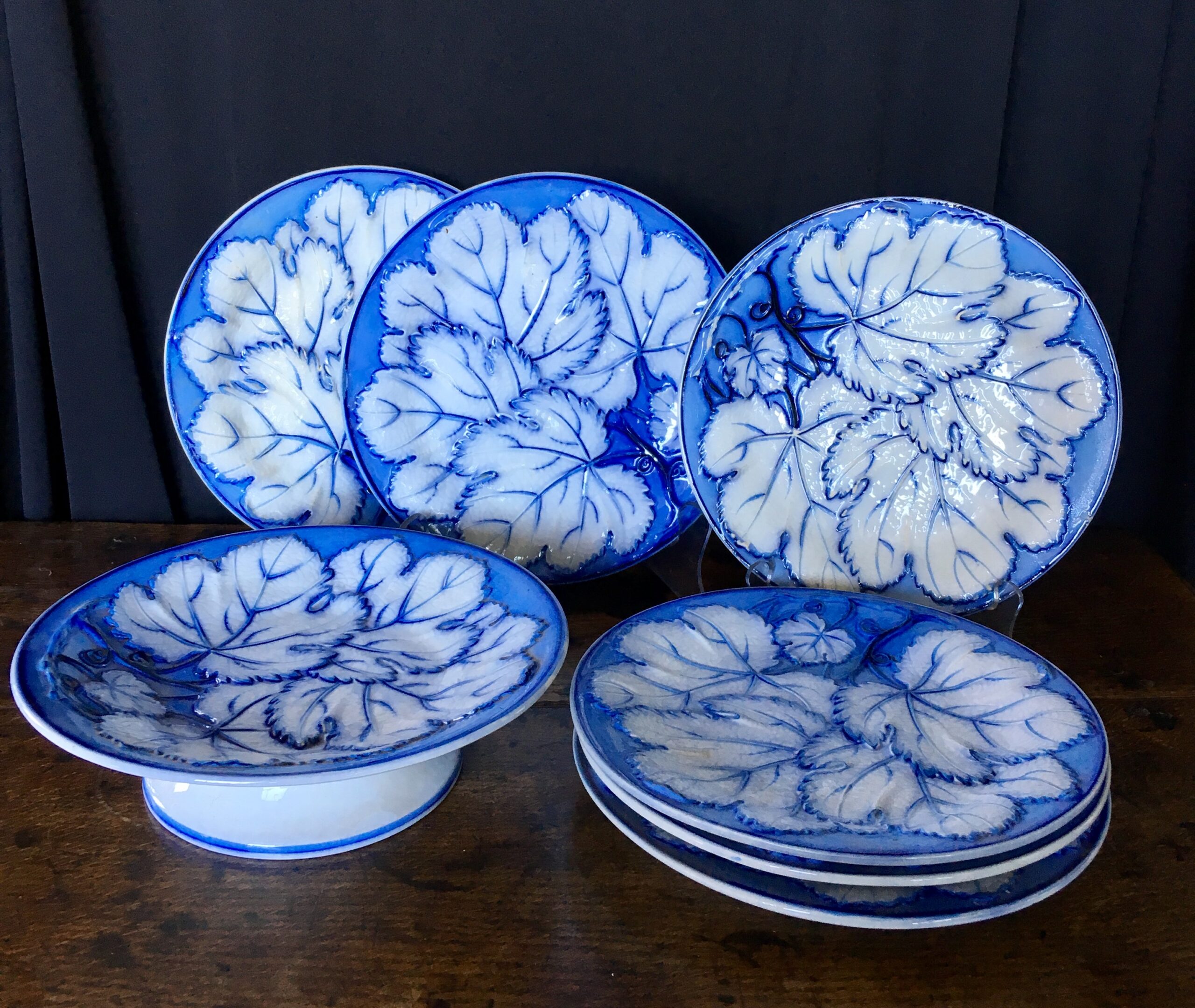 Blue majolica dessert service by Dimmock, 7pc, circa 1850 -0