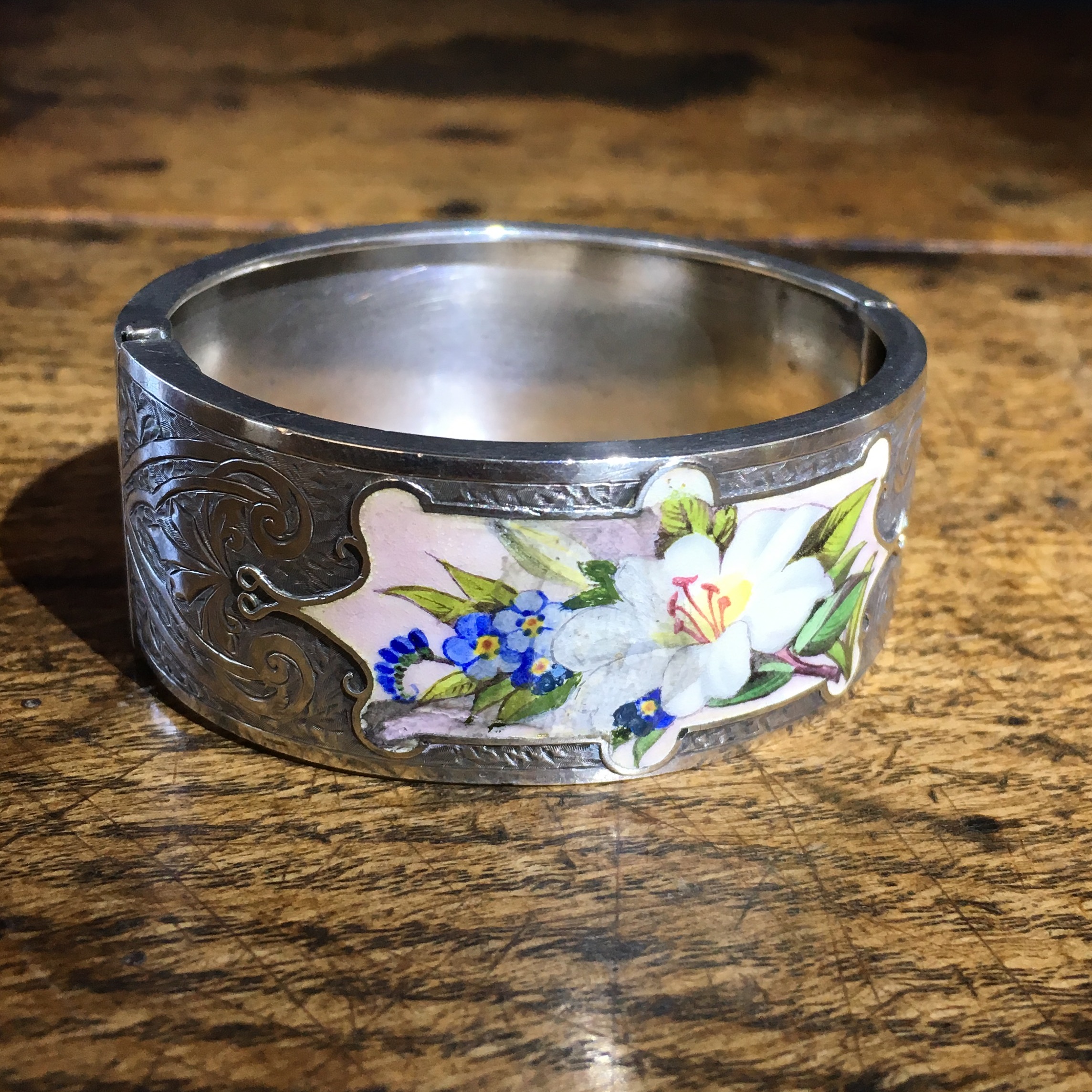 Victorian Silver cuff bracelet, 'Orange Blossom' enamels,Robinson's Patent c. 1875 -0