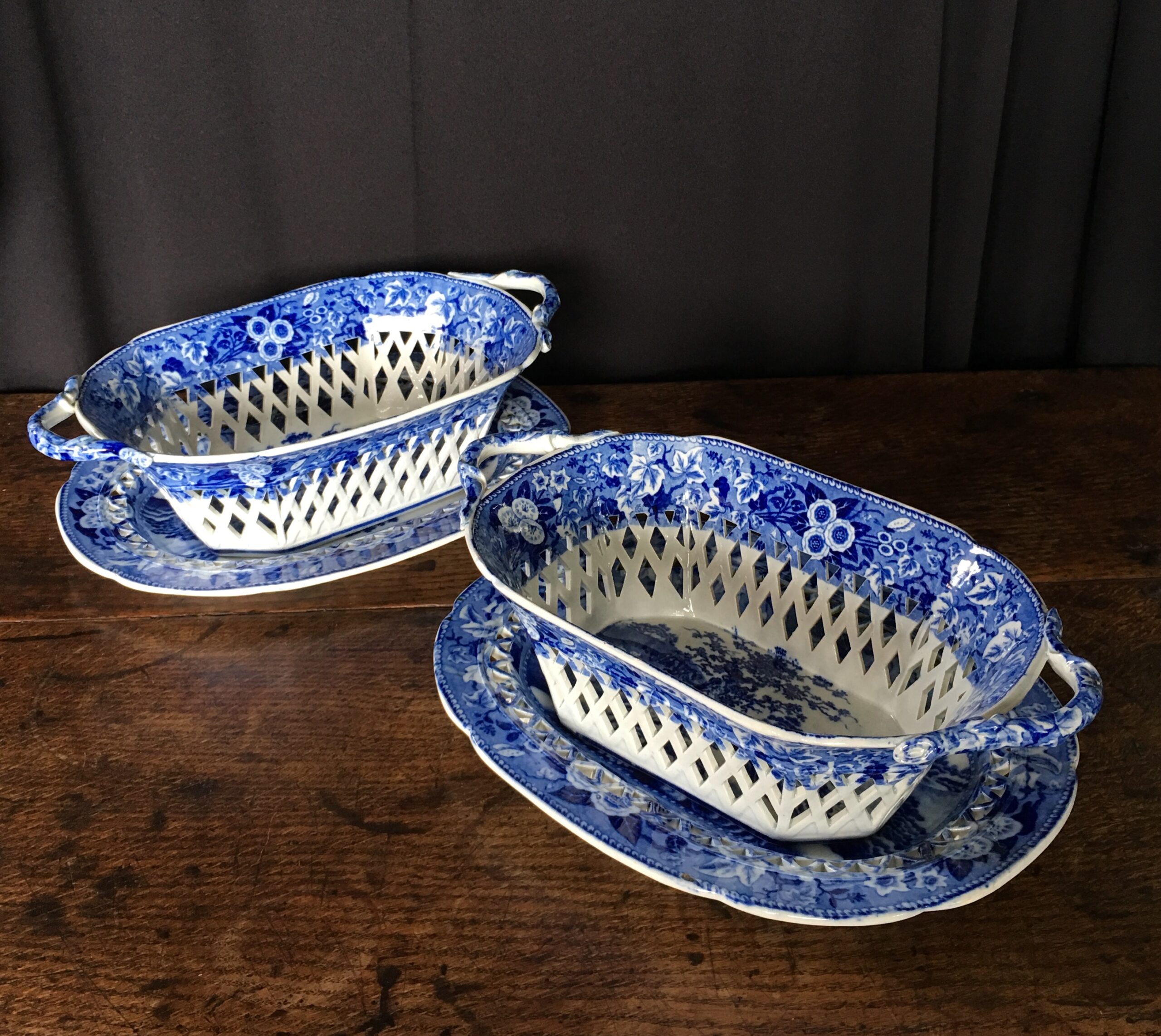 Pair of Pearlware baskets & stands, 'Piping Shepherd' pattern, c.1815-0