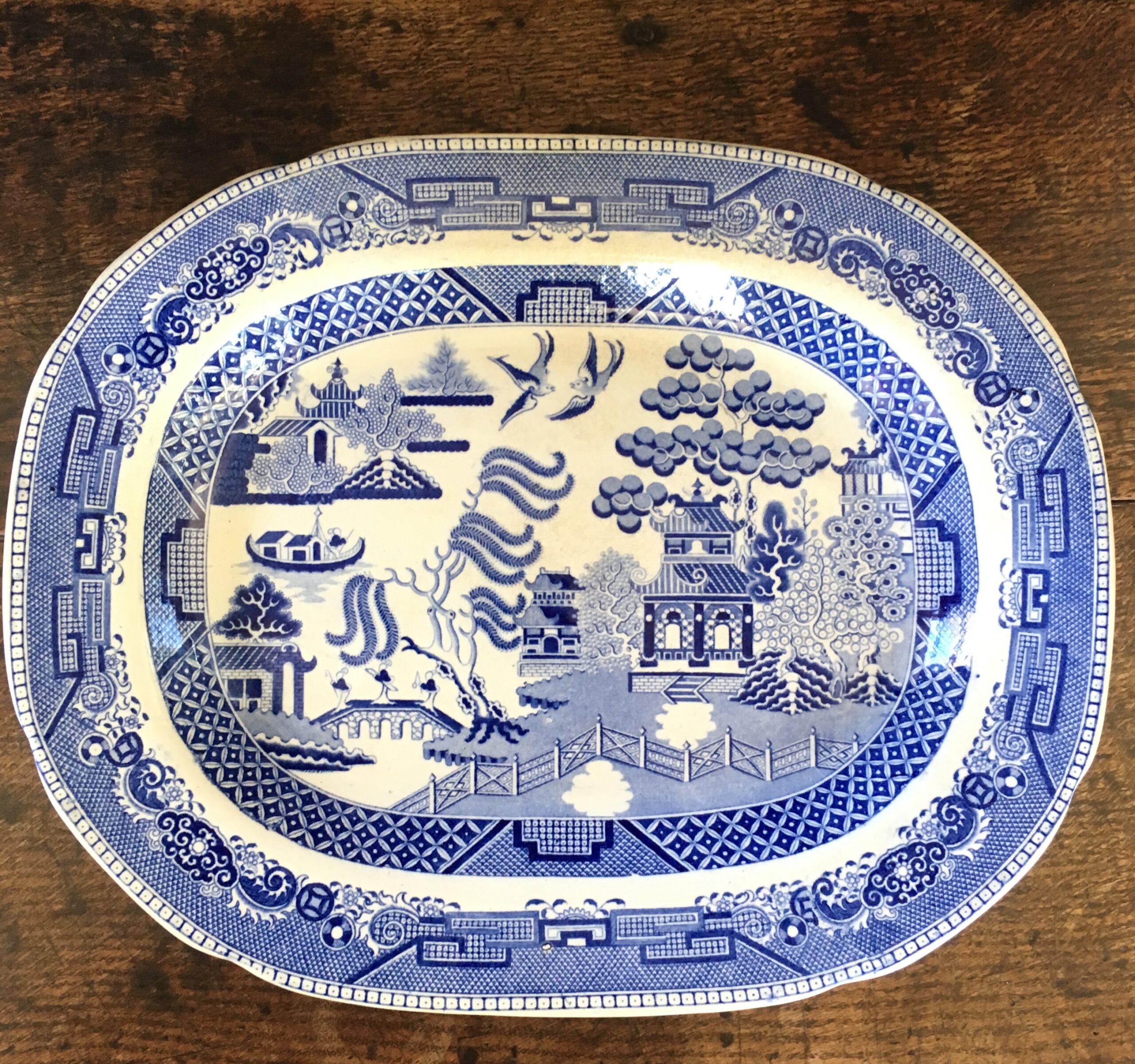 Staffordshire pottery willow pattern meat platter, c. 1850-0