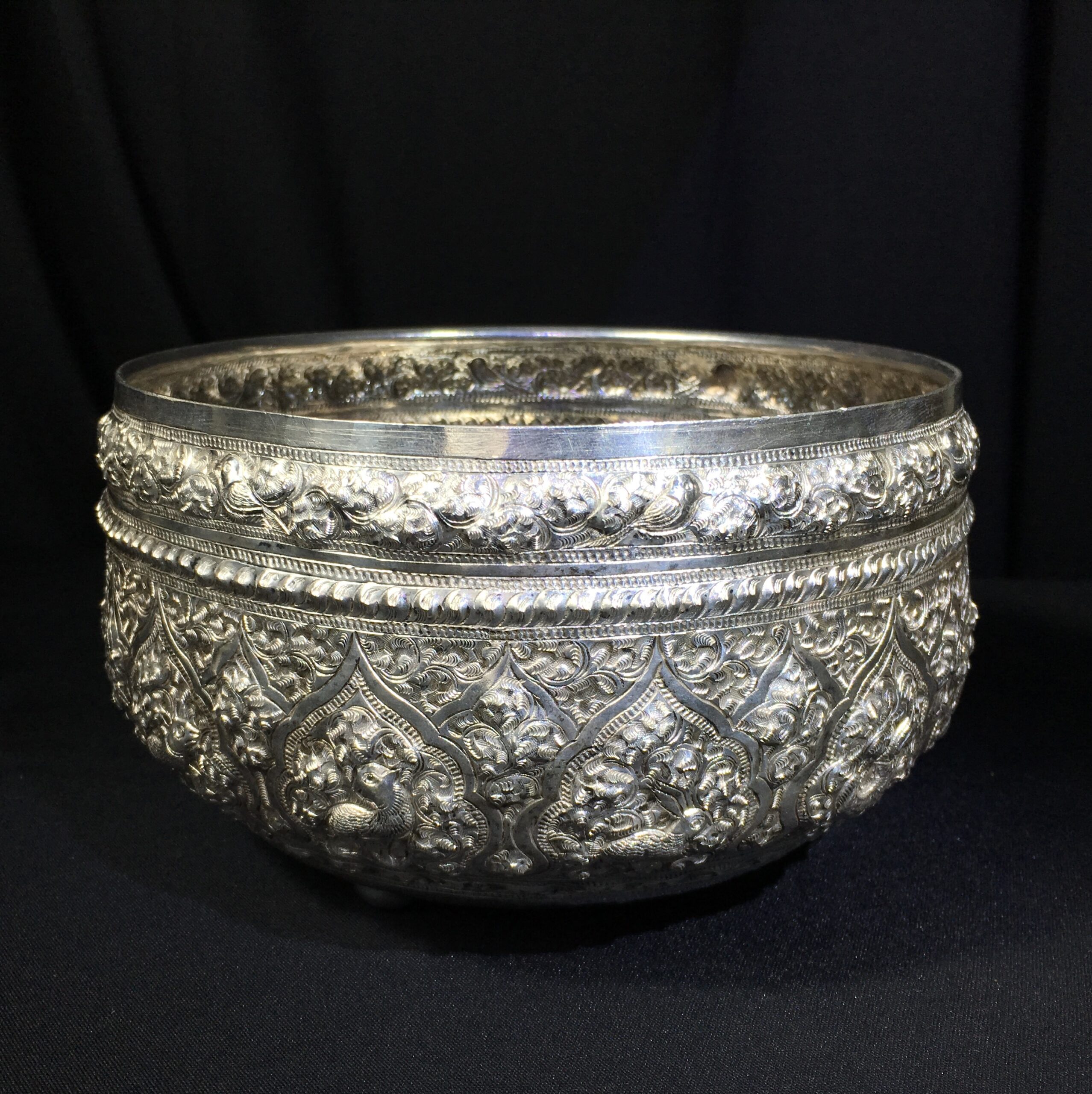 Burmese silver bowl, engraved with animals, signed -0