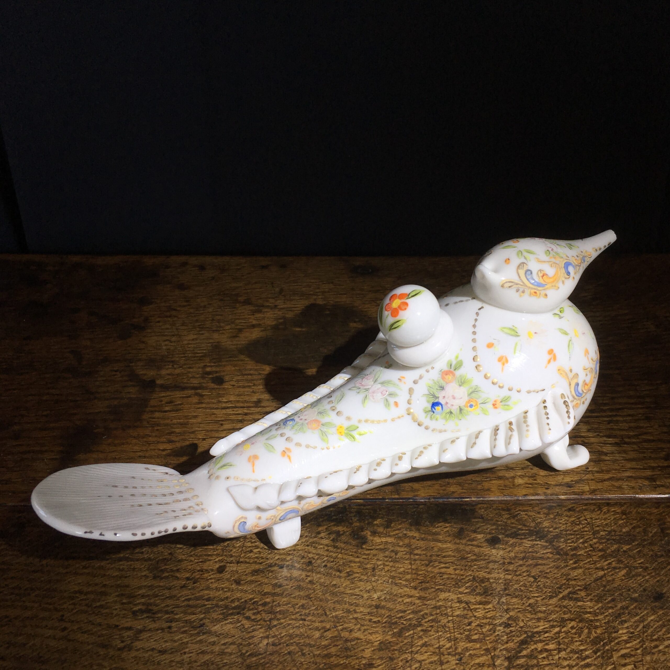 Unusual Turkish bird shaped milk glass flask, Beykoz, Circa 1850-0