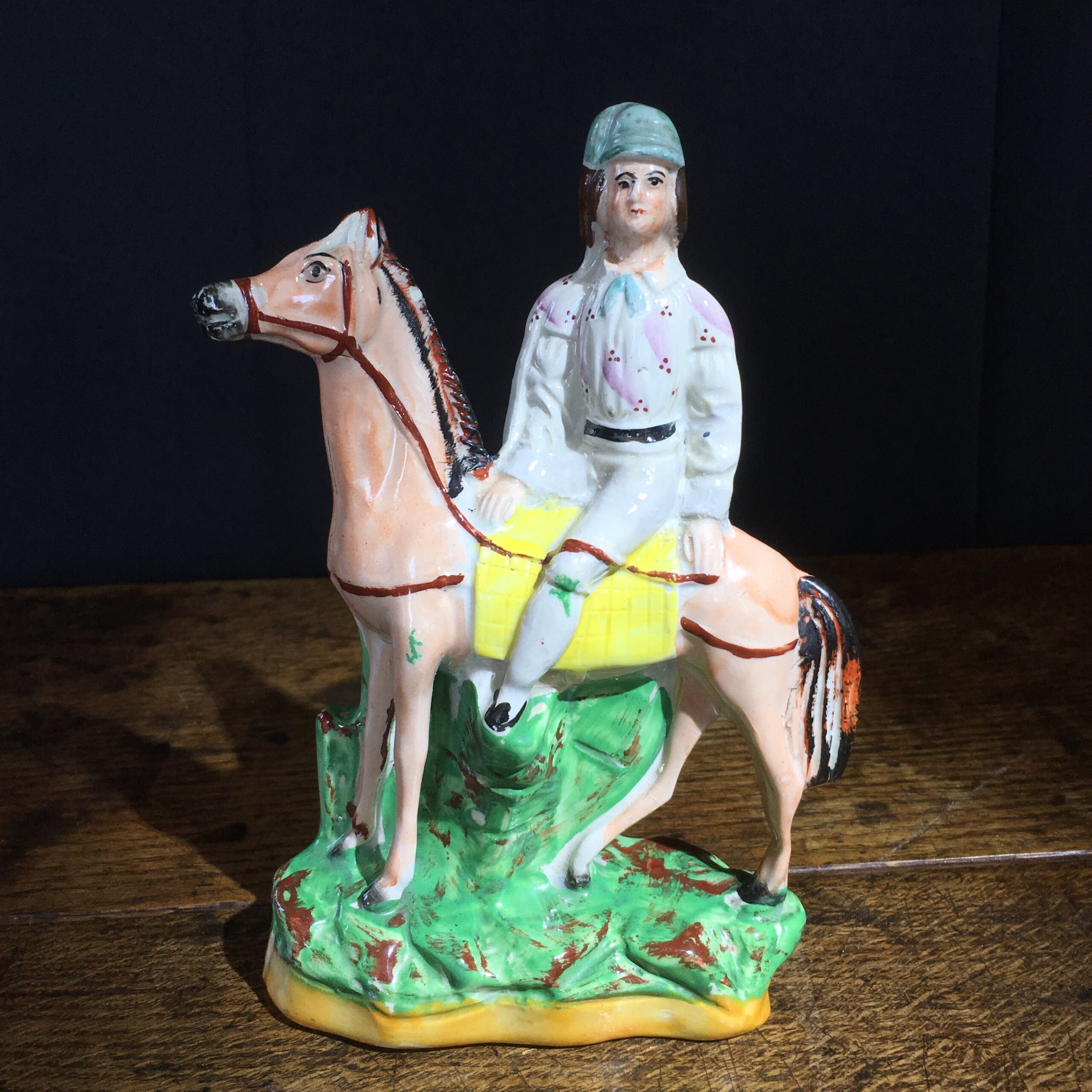 Unusual Staffordshire jockey on horse, possibly Fred Archer, c. 1890-0