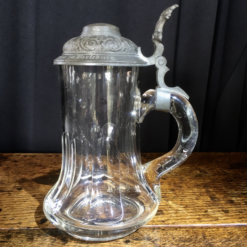 German cut glass tankard, pewter lid, 19th C.-0