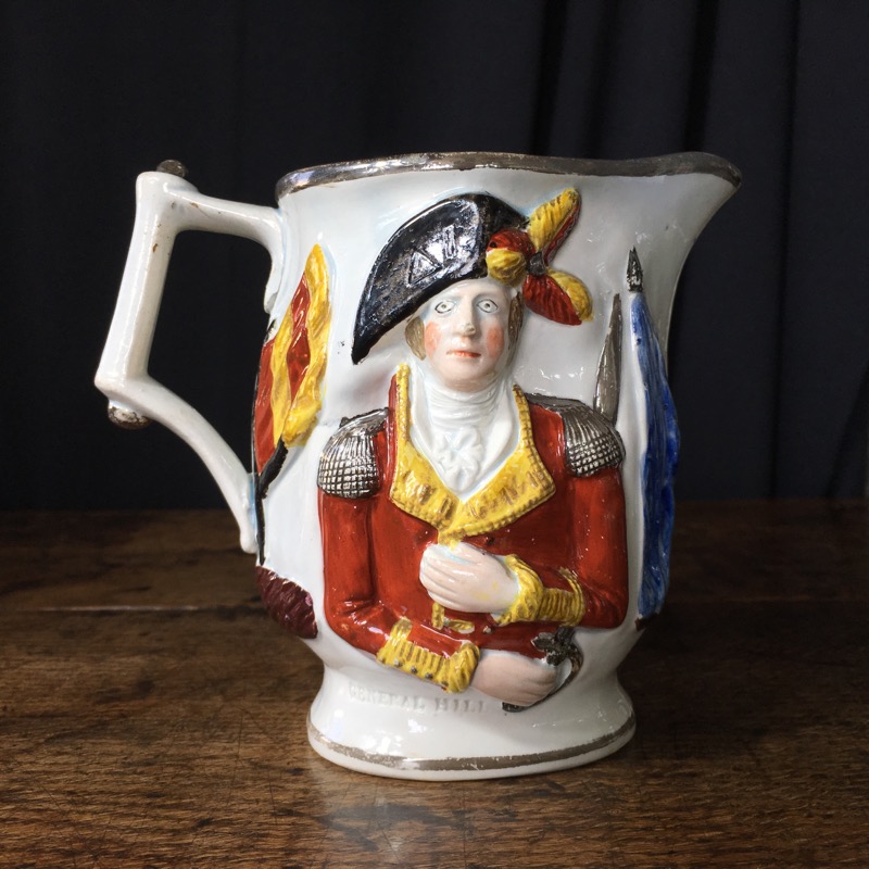 Pearlware commemorative jug, Wellington & Hill busts, c.1810-0