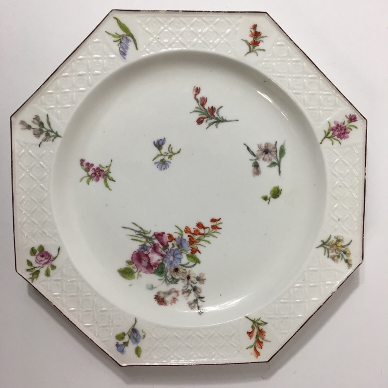 Chelsea red anchor octagonal plate, flower dec, C. 1755 -0