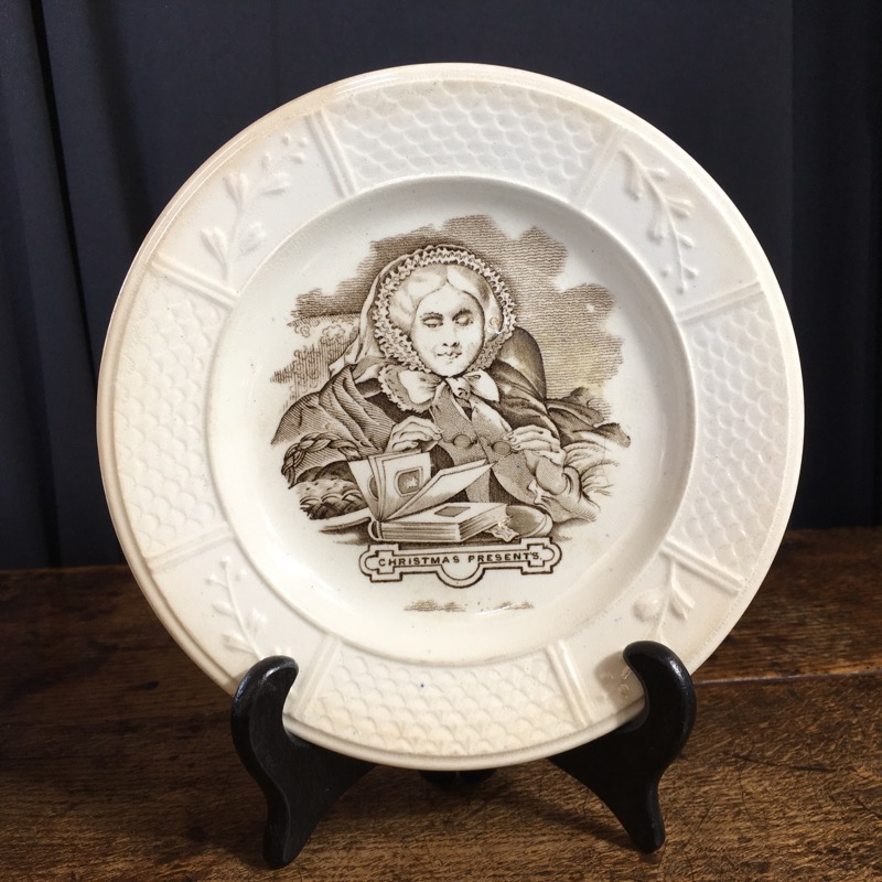 Staffordshire Pottery child's plate, 'Christmas Presents' print, c. 1870-0