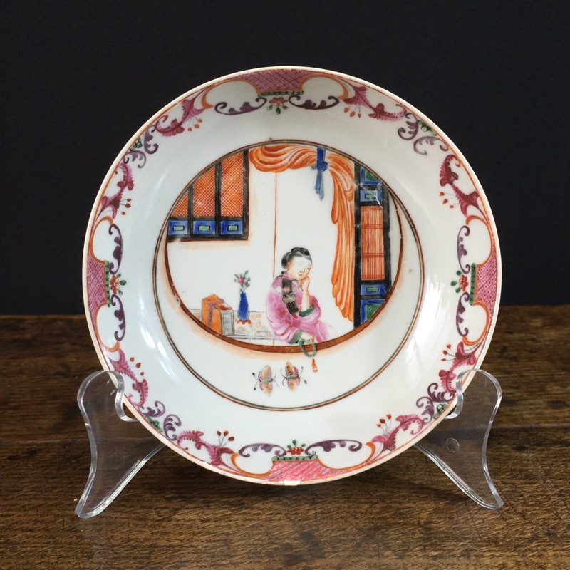 Chinese Export saucer, lady in window, c. 1765-0