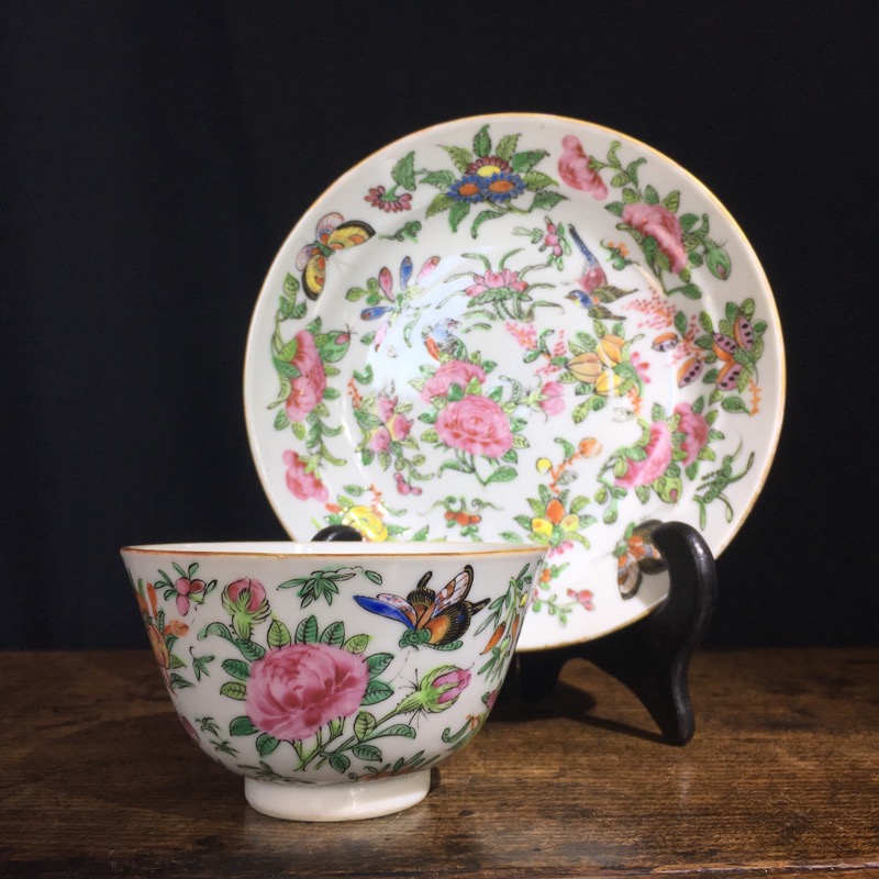 Cantonese teabowl & saucer, birds + flowers, C. 1870-0