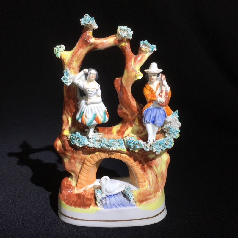 Staffordshire figure group, dancer & shepherd on bridge, c. 1860-0